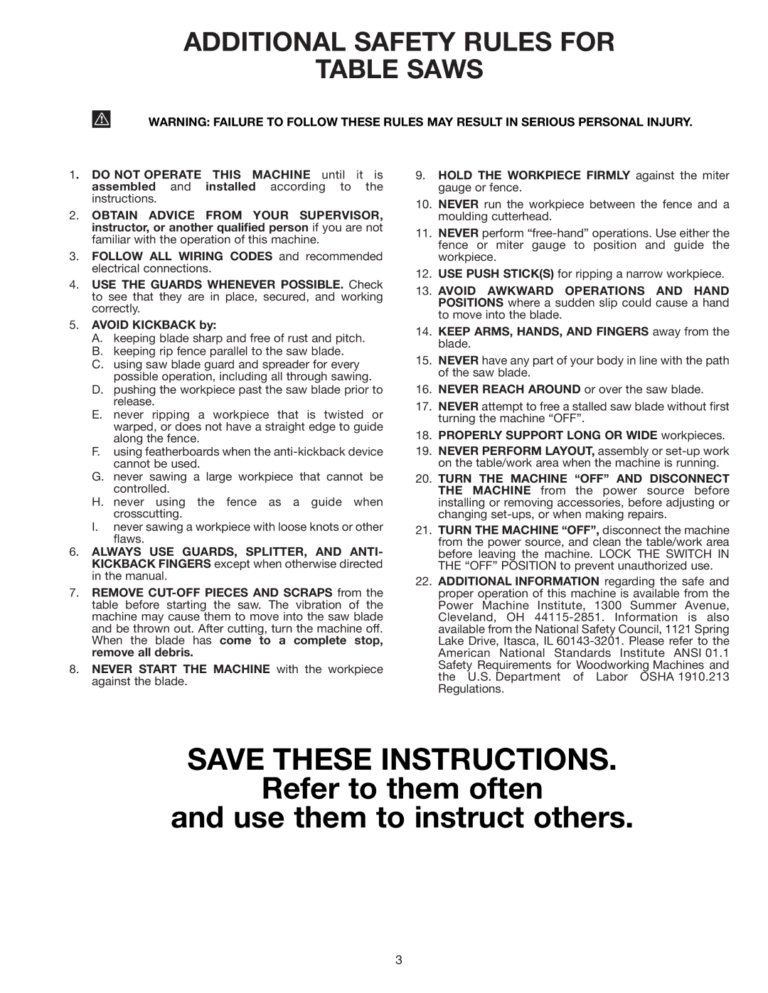 Delta 36-426 instruction manual Additional Safety Rules for Table Saws, Properly Support Long or Wide workpieces 