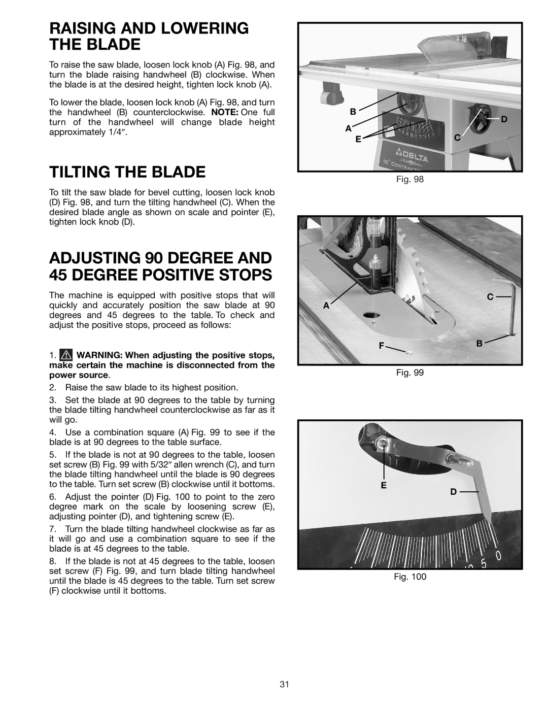 Delta 36-426 instruction manual Raising and Lowering the Blade, Tilting the Blade 