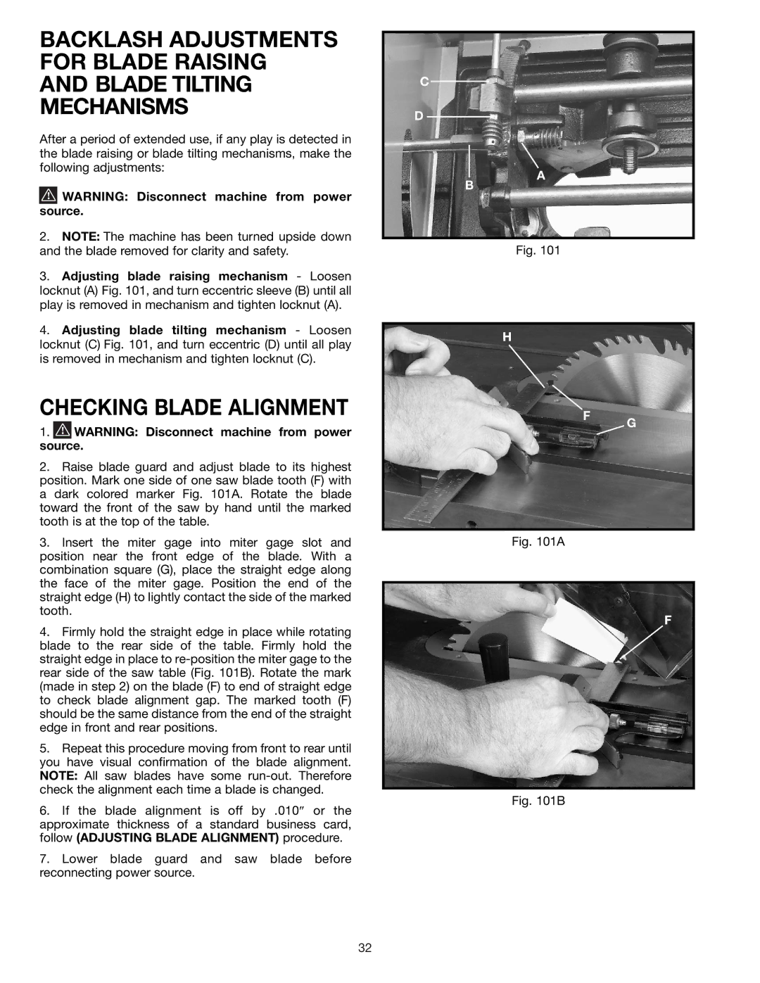 Delta 36-426 instruction manual Checking Blade Alignment 