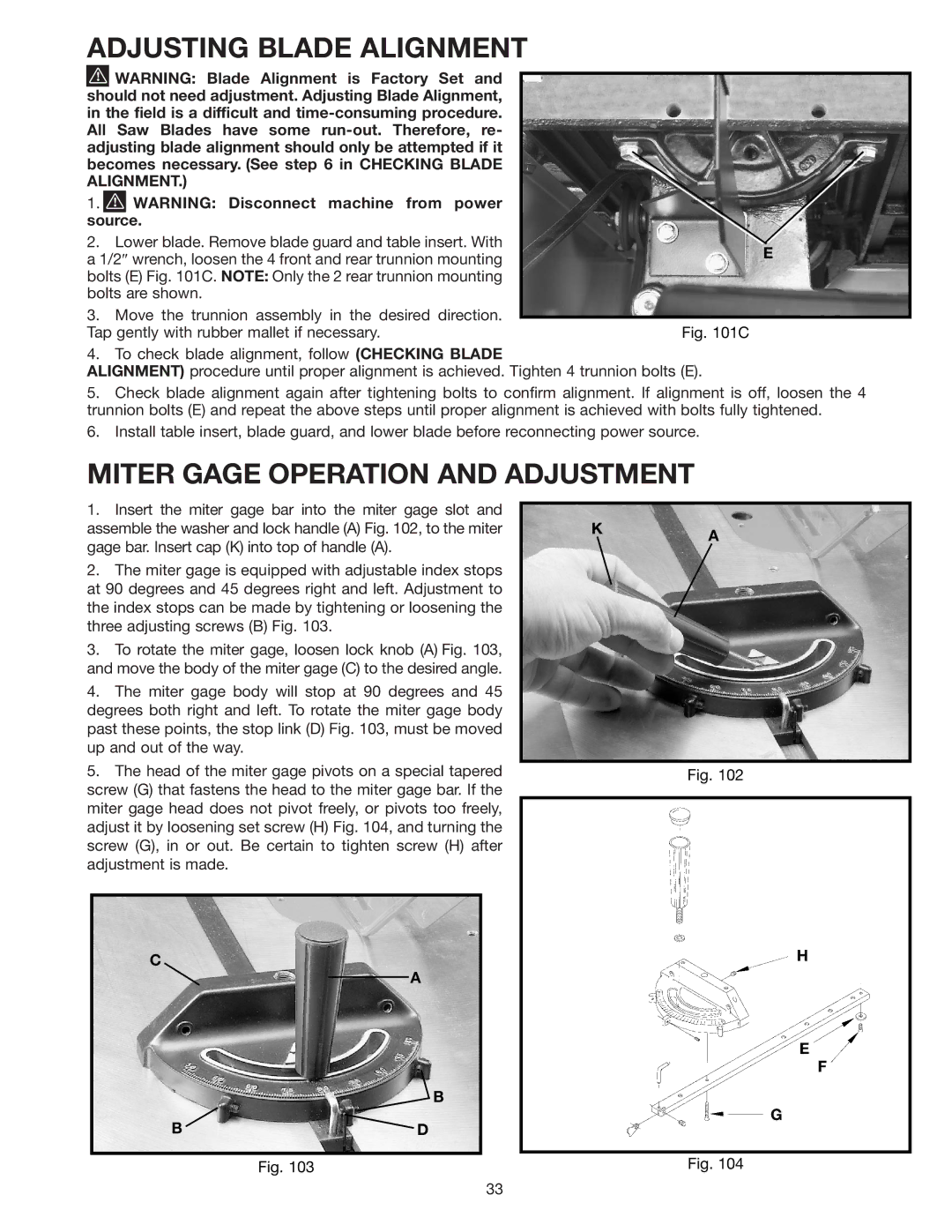 Delta 36-426 instruction manual Adjusting Blade Alignment, Miter Gage Operation and Adjustment 