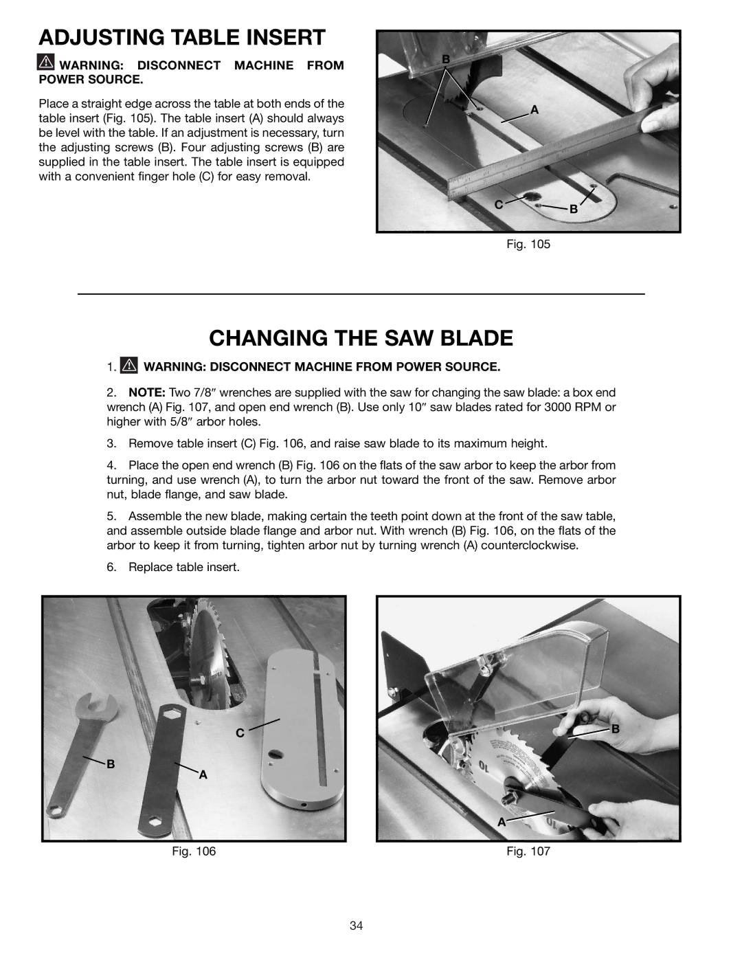 Delta 36-426 instruction manual Adjusting Table Insert, Changing the SAW Blade 