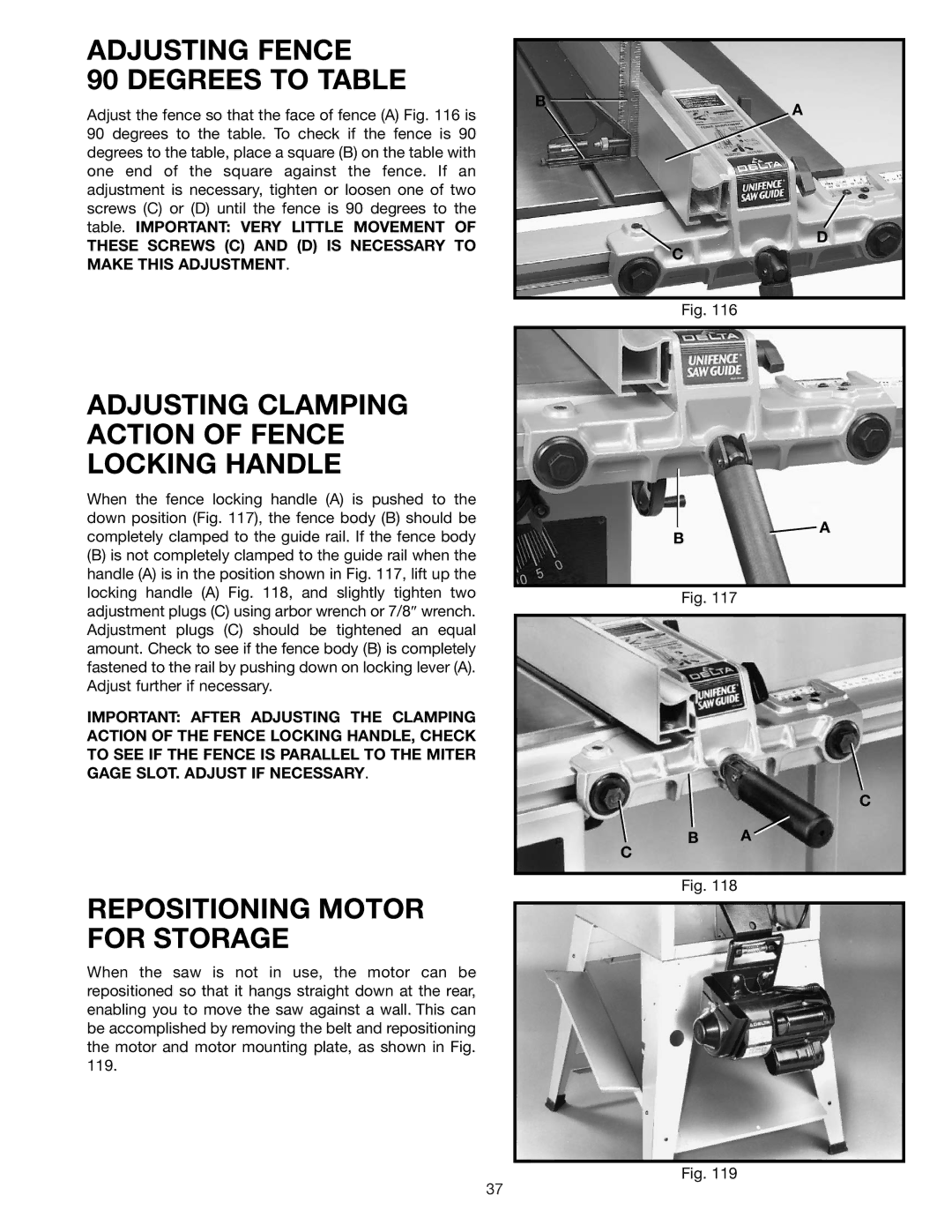 Delta 36-426 instruction manual Adjusting Fence Degrees to Table, Adjusting Clamping Action of Fence Locking Handle 