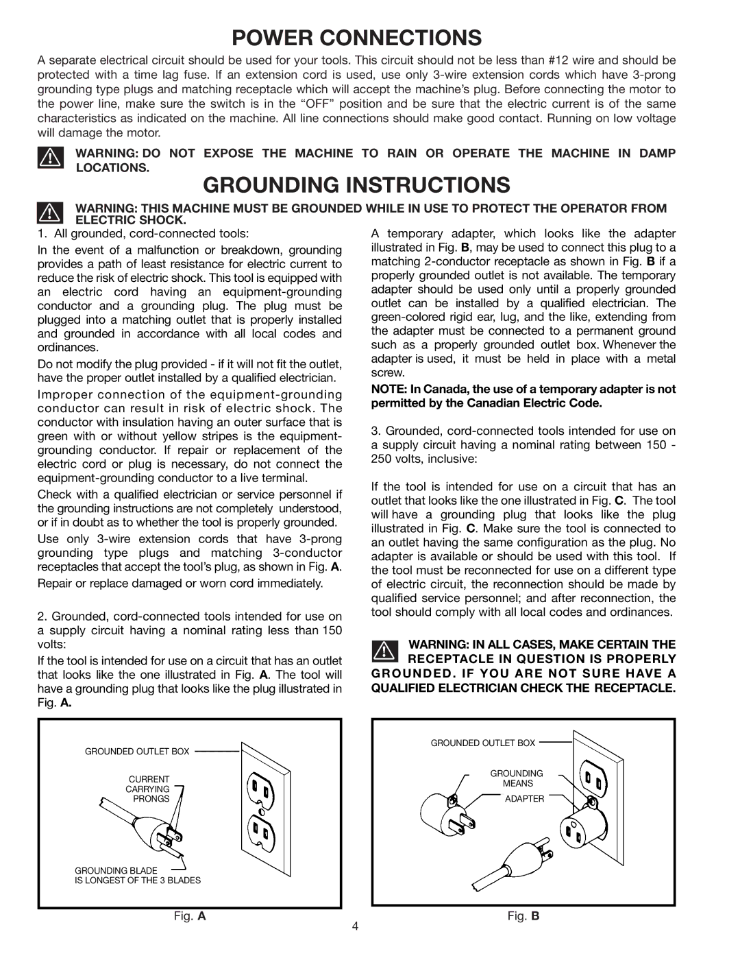 Delta 36-426 instruction manual Power Connections, Grounding Instructions 