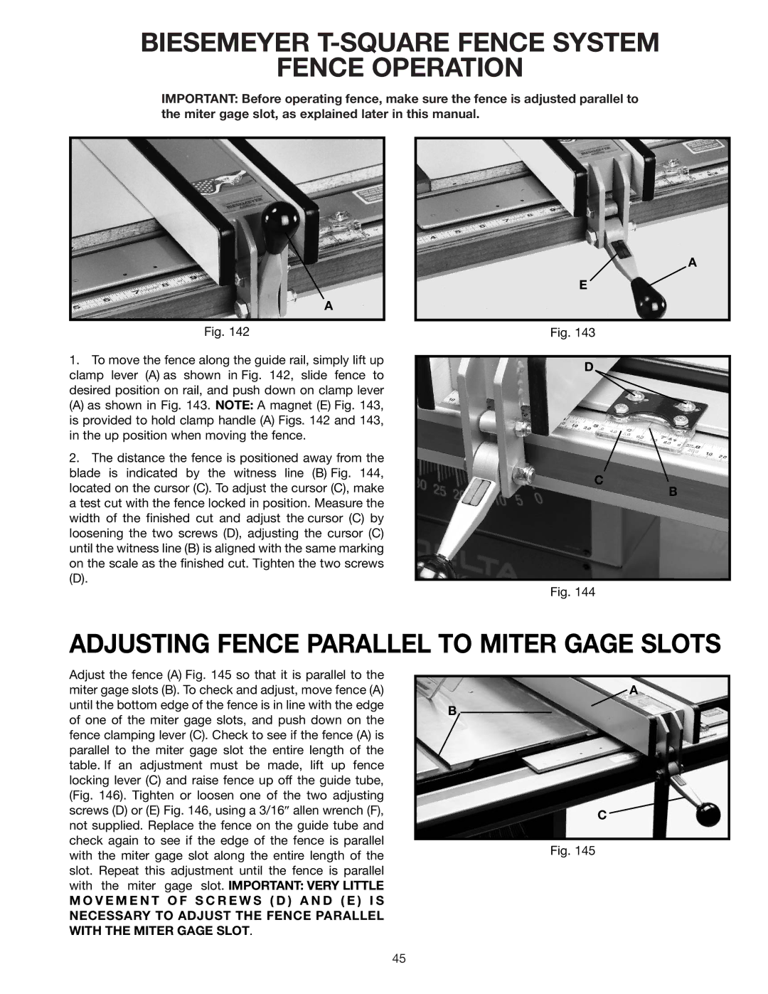 Delta 36-426 Biesemeyer T-SQUARE Fence System Fence Operation, Adjusting Fence Parallel to Miter Gage Slots 