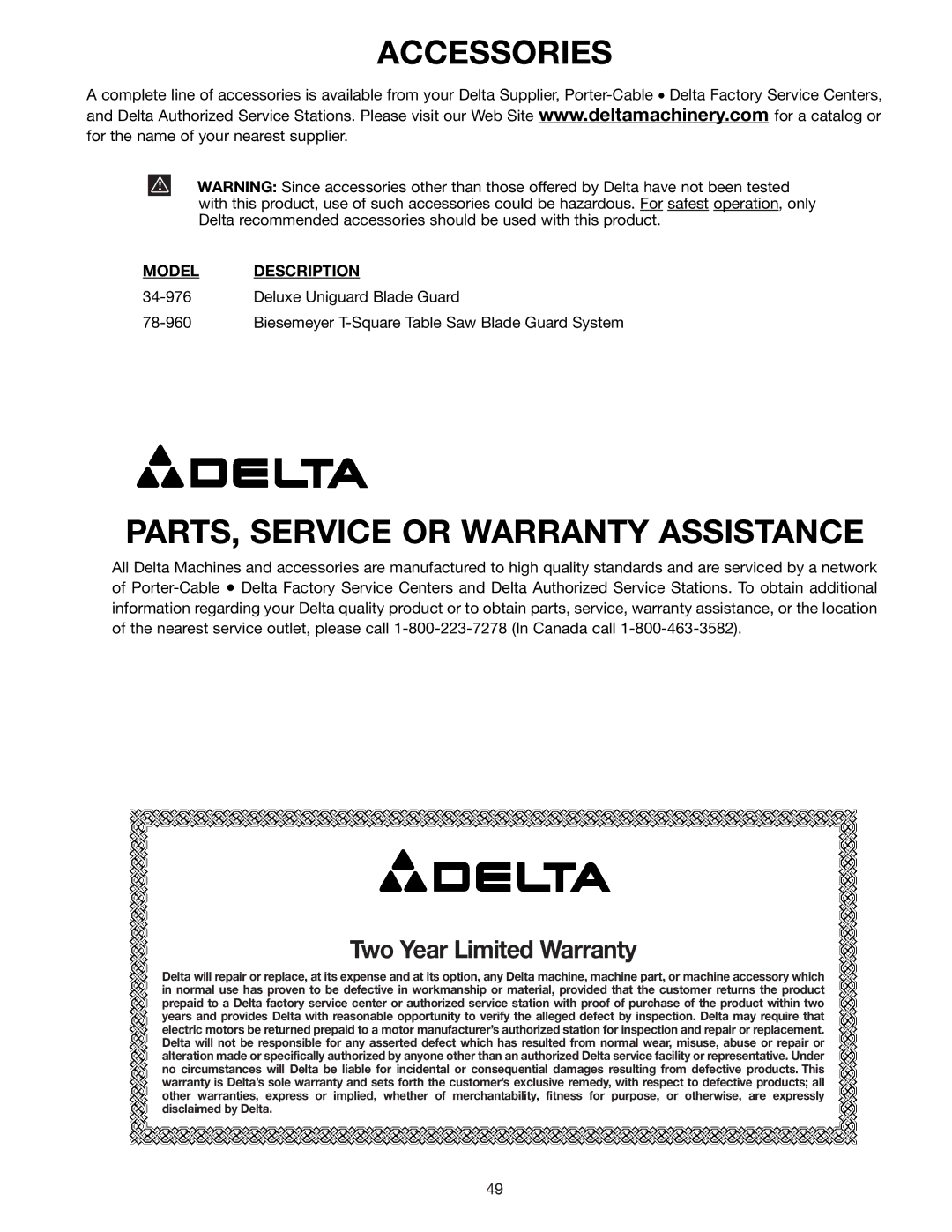 Delta 36-426 instruction manual Accessories 