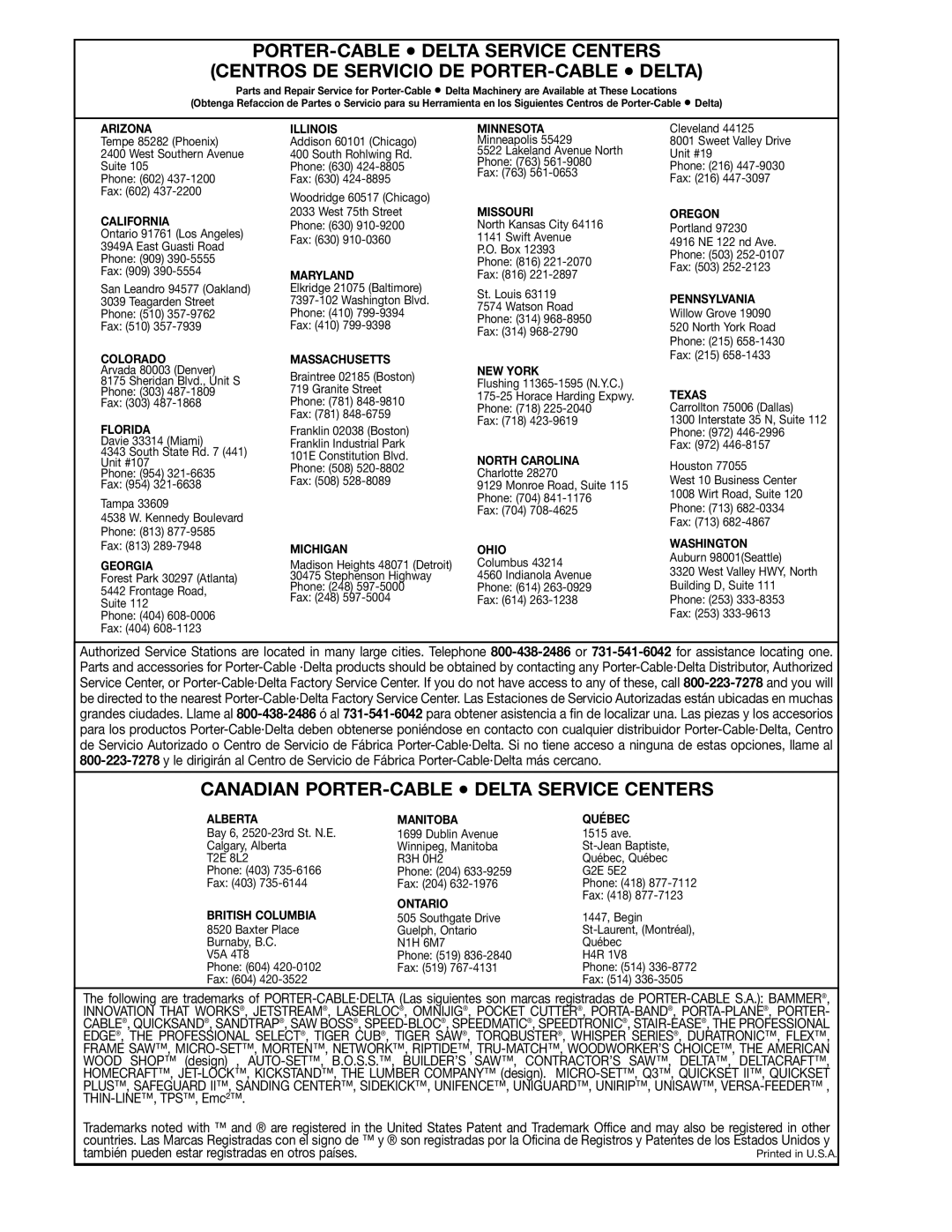 Delta 36-426 instruction manual Canadian PORTER-CABLE Delta Service Centers 