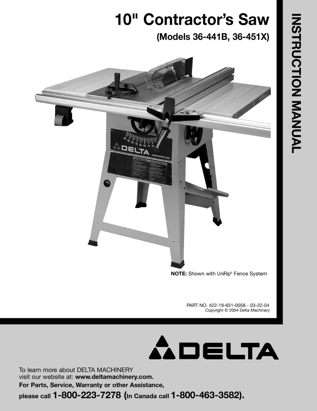 Delta 36-441B, 36-451X instruction manual Contractor’s Saw 