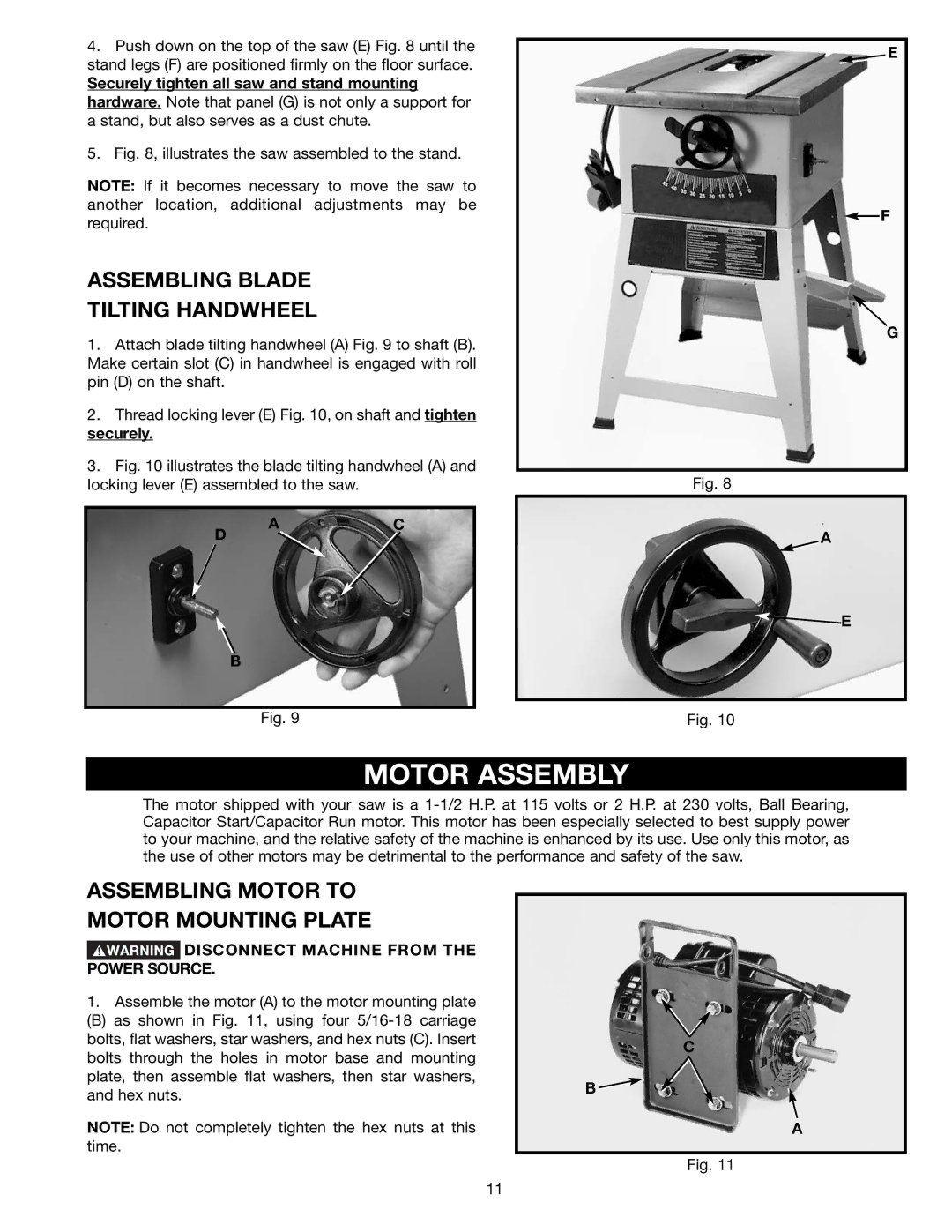 Delta 36-441B, 36-451X Motor Assembly, Assembling Blade Tilting Handwheel, Assembling Motor to Motor Mounting Plate 