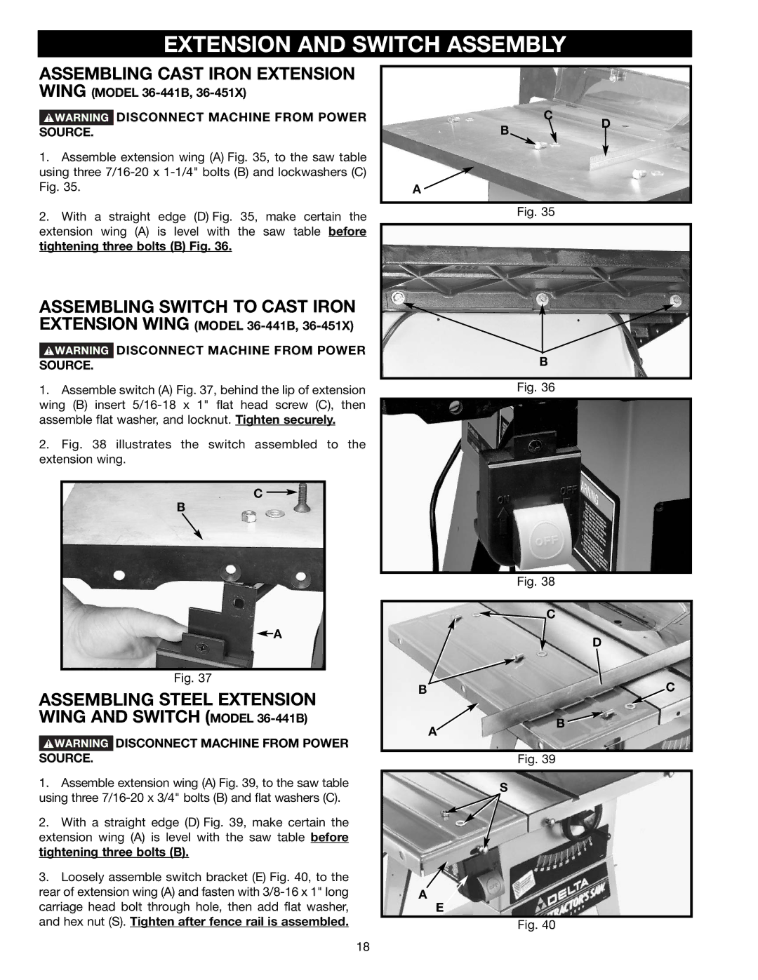 Delta 36-451X Extension and Switch Assembly, Assembling Cast Iron Extension, Assembling Switch to Cast Iron Extension Wing 