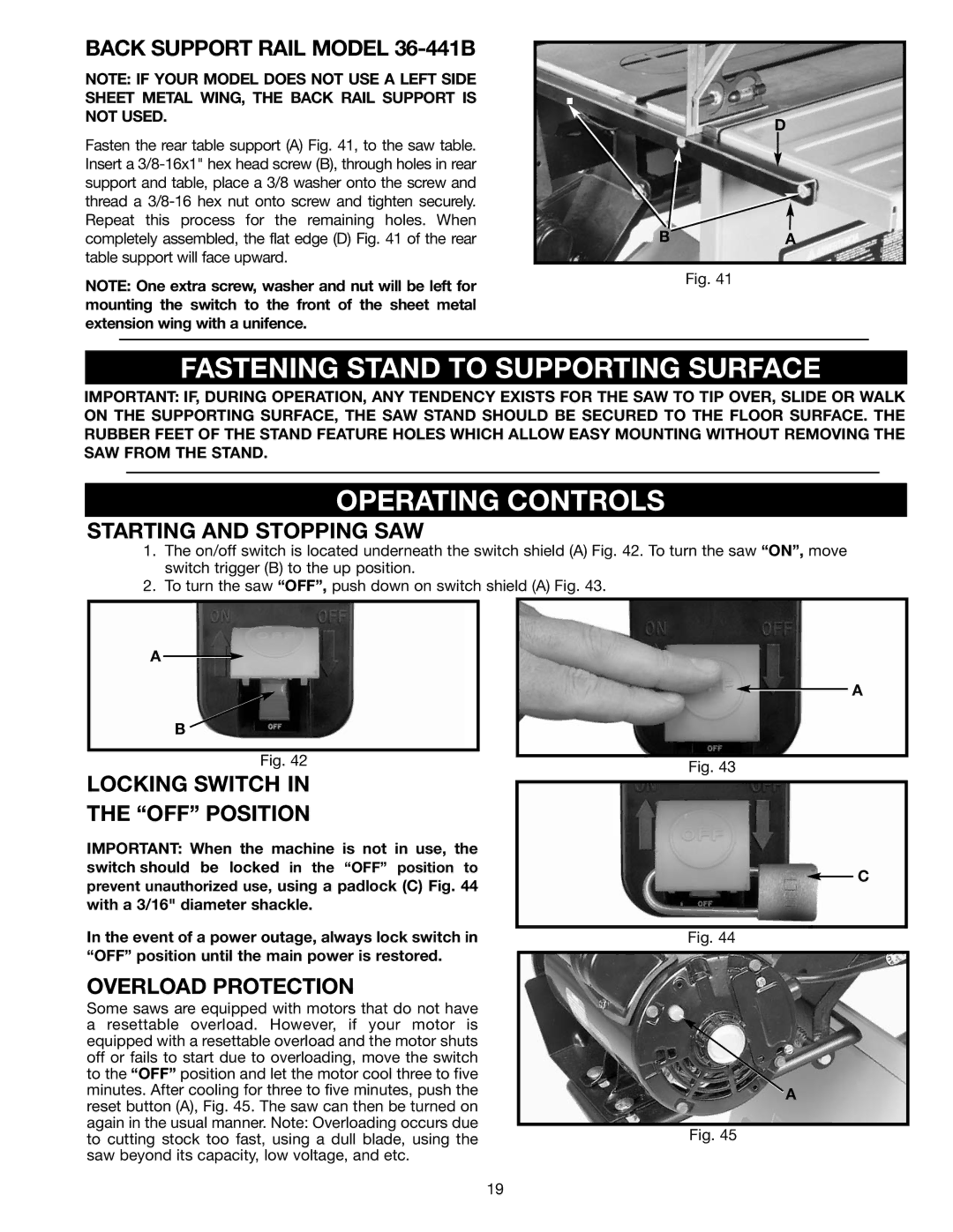 Delta 36-441B, 36-451X instruction manual Fastening Stand to Supporting Surface, Operating Controls 