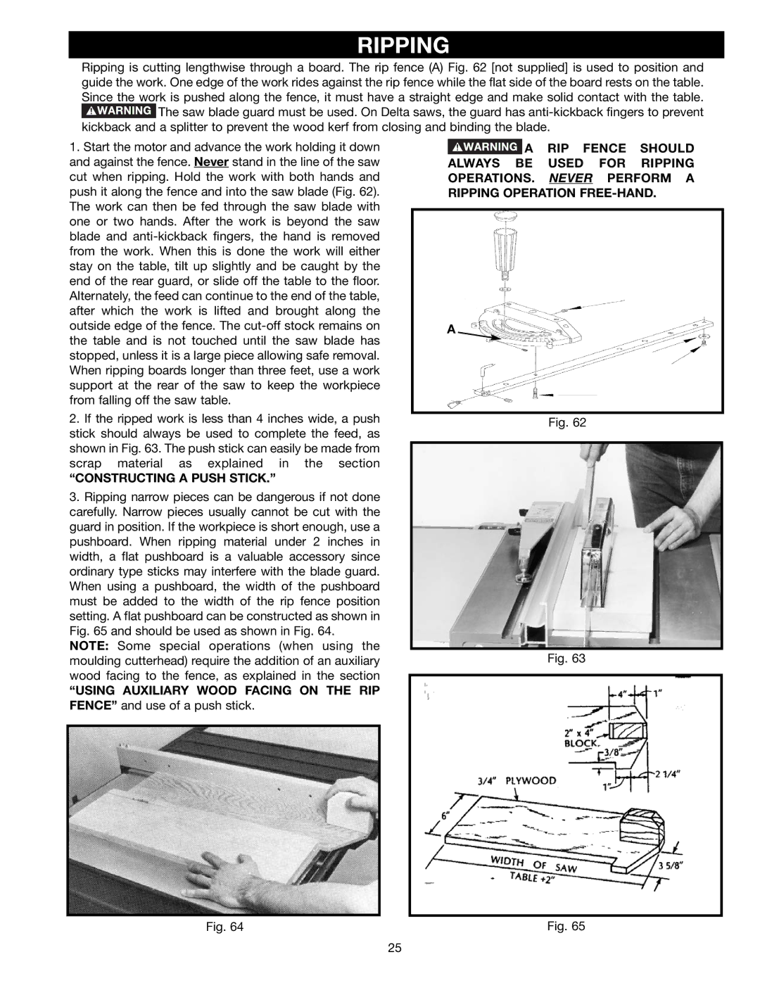 Delta 36-441B, 36-451X instruction manual Ripping, Constructing a Push Stick 