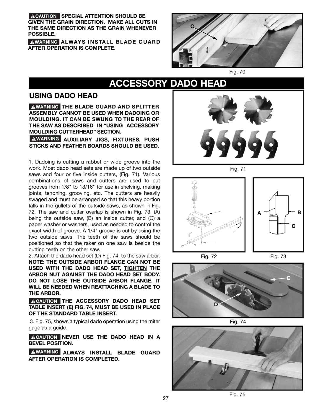 Delta 36-441B, 36-451X instruction manual Accessory Dado Head, Using Dado Head 