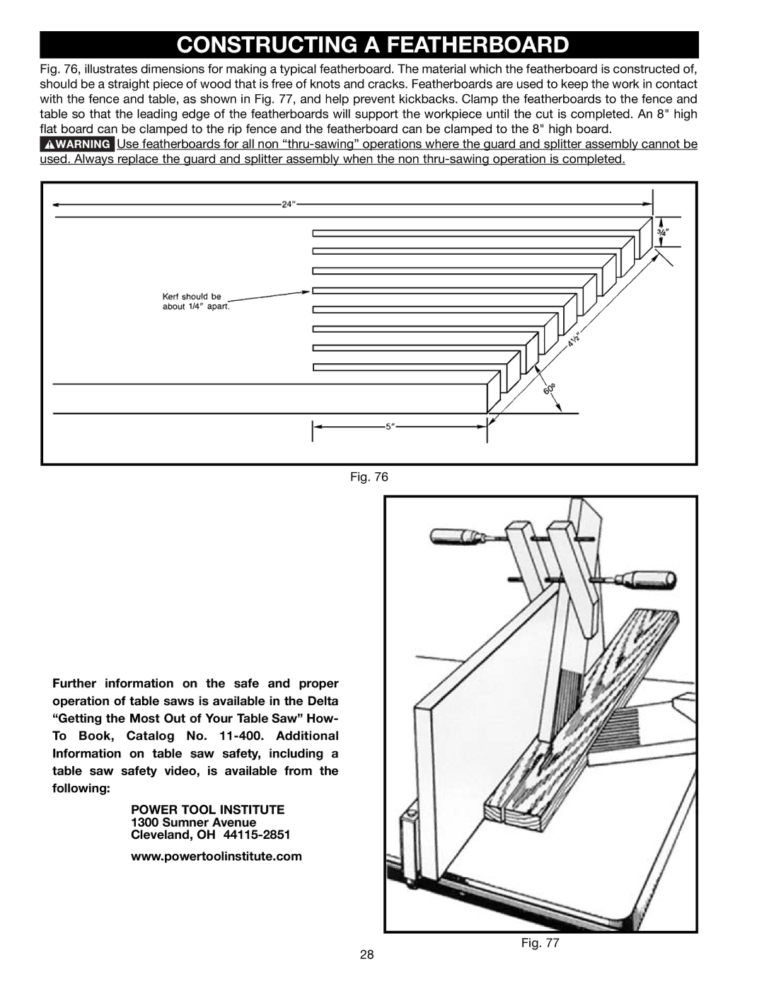 Delta 36-451X, 36-441B instruction manual Constructing a Featherboard, Power Tool Institute 