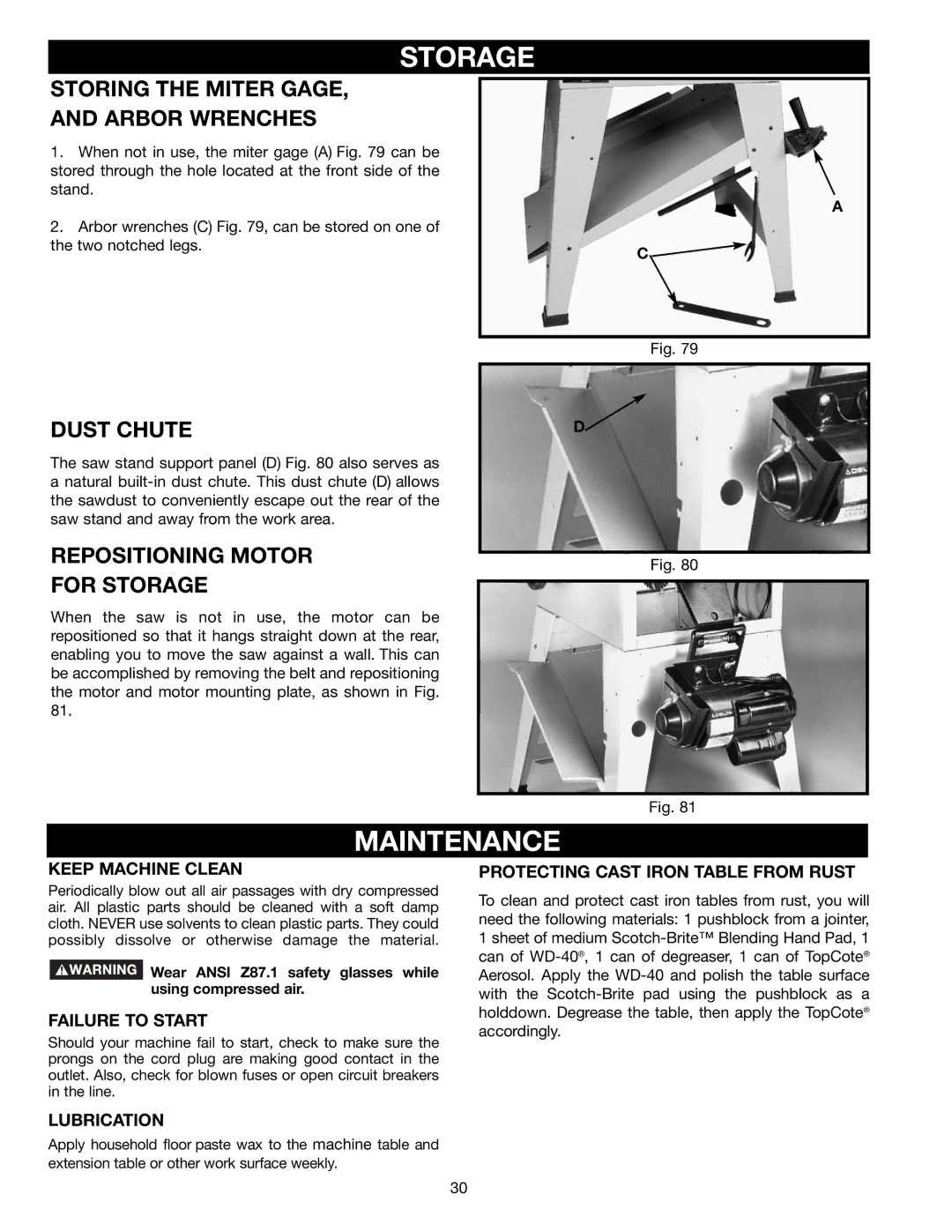 Delta 36-451X Maintenance, Dust Chute, Repositioning Motor For Storage, Storing the Miter GAGE, and Arbor Wrenches 