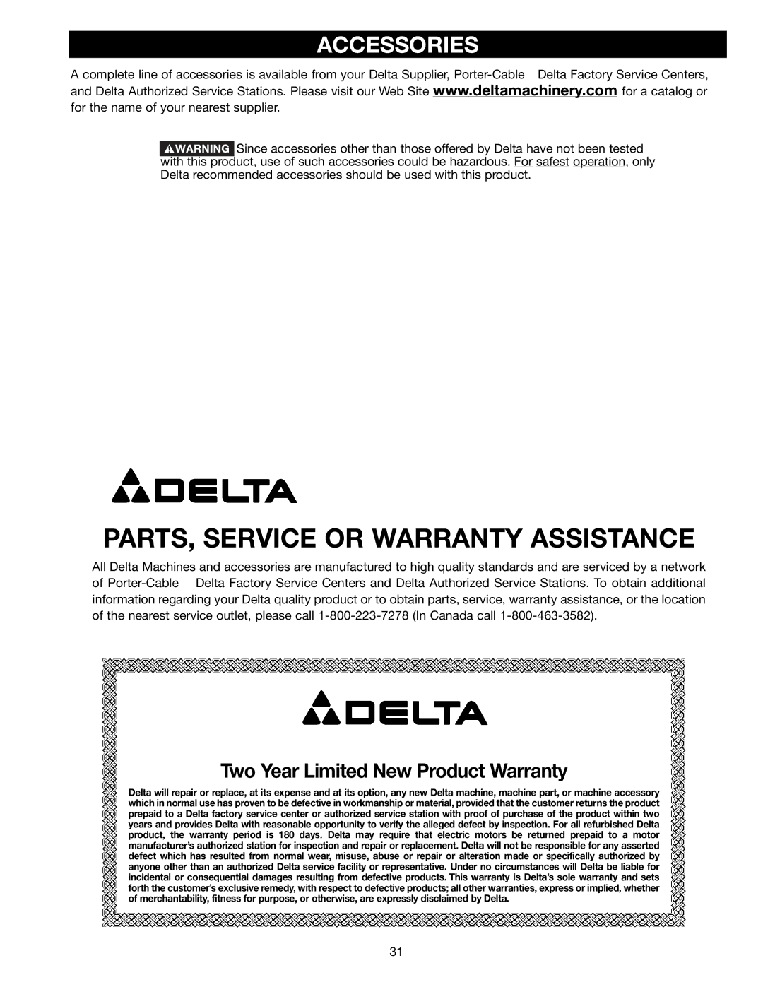 Delta 36-441B, 36-451X instruction manual PARTS, Service or Warranty Assistance, Accessories 