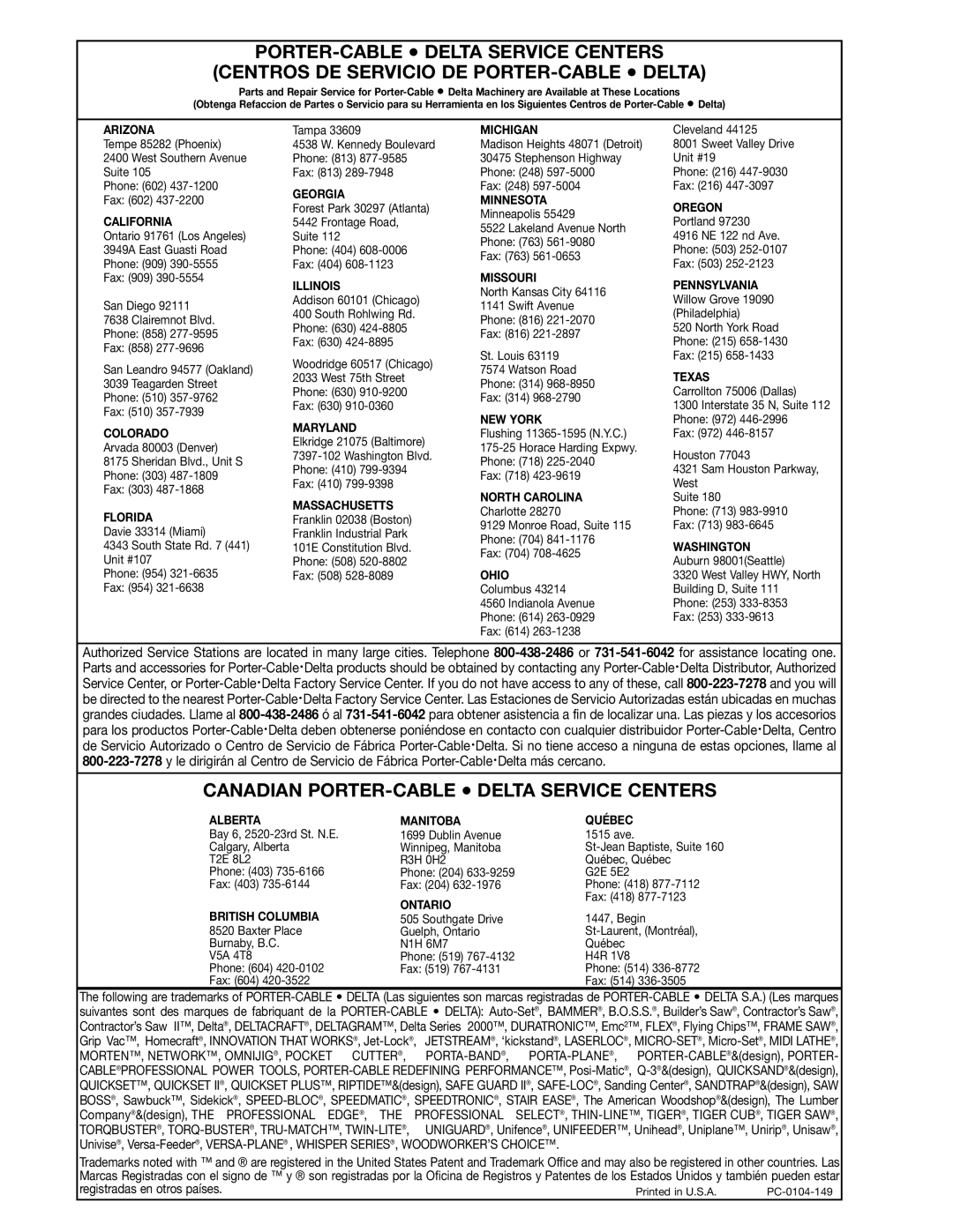 Delta 36-451X, 36-441B instruction manual Canadian PORTER-CABLE Delta Service Centers 