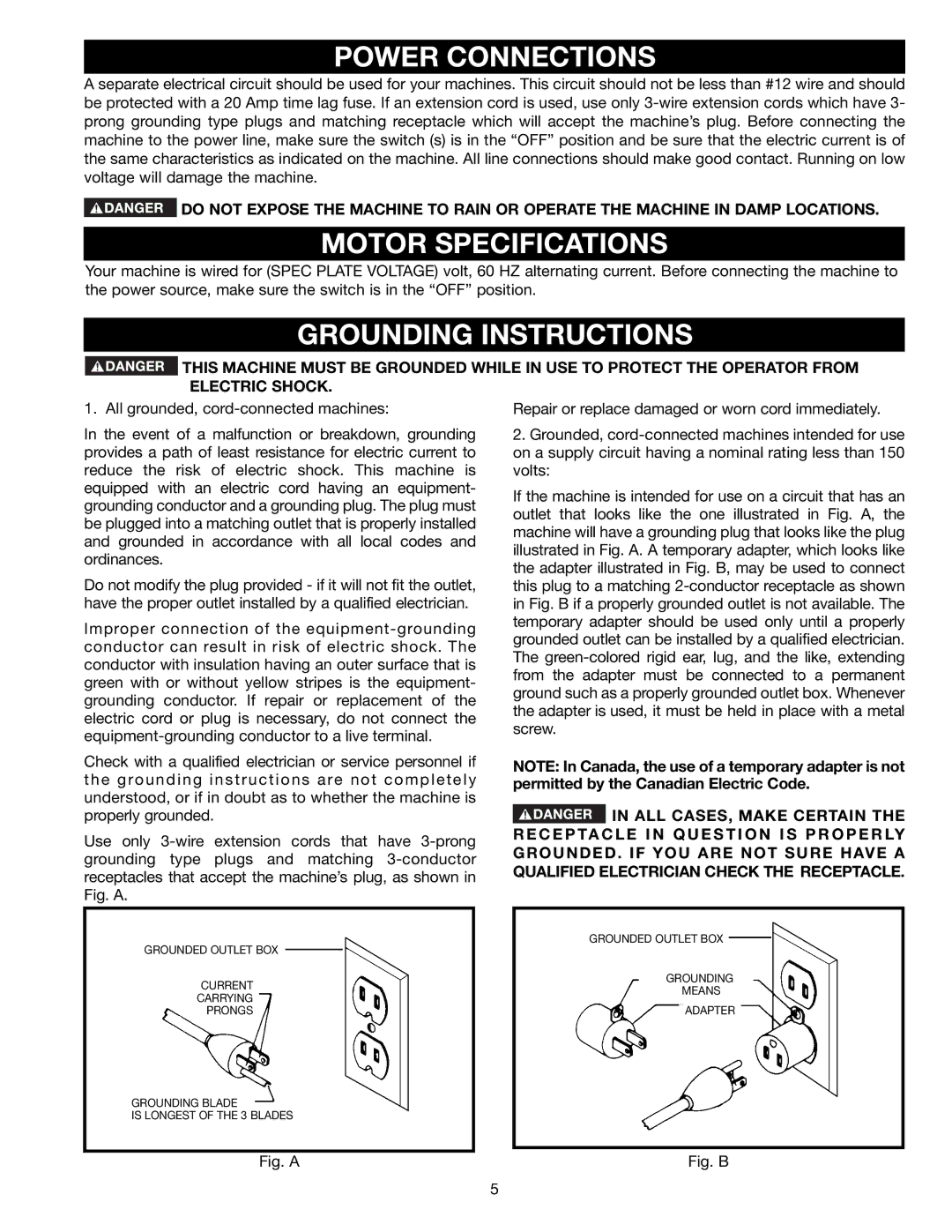 Delta 36-441B, 36-451X instruction manual Power Connections, Motor Specifications, Grounding Instructions 