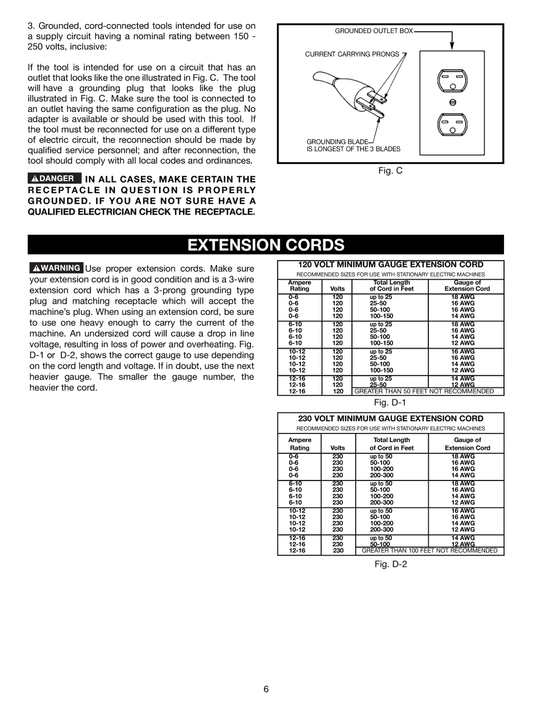 Delta 36-451X, 36-441B instruction manual Extension Cords, Volt Minimum Gauge Extension Cord 