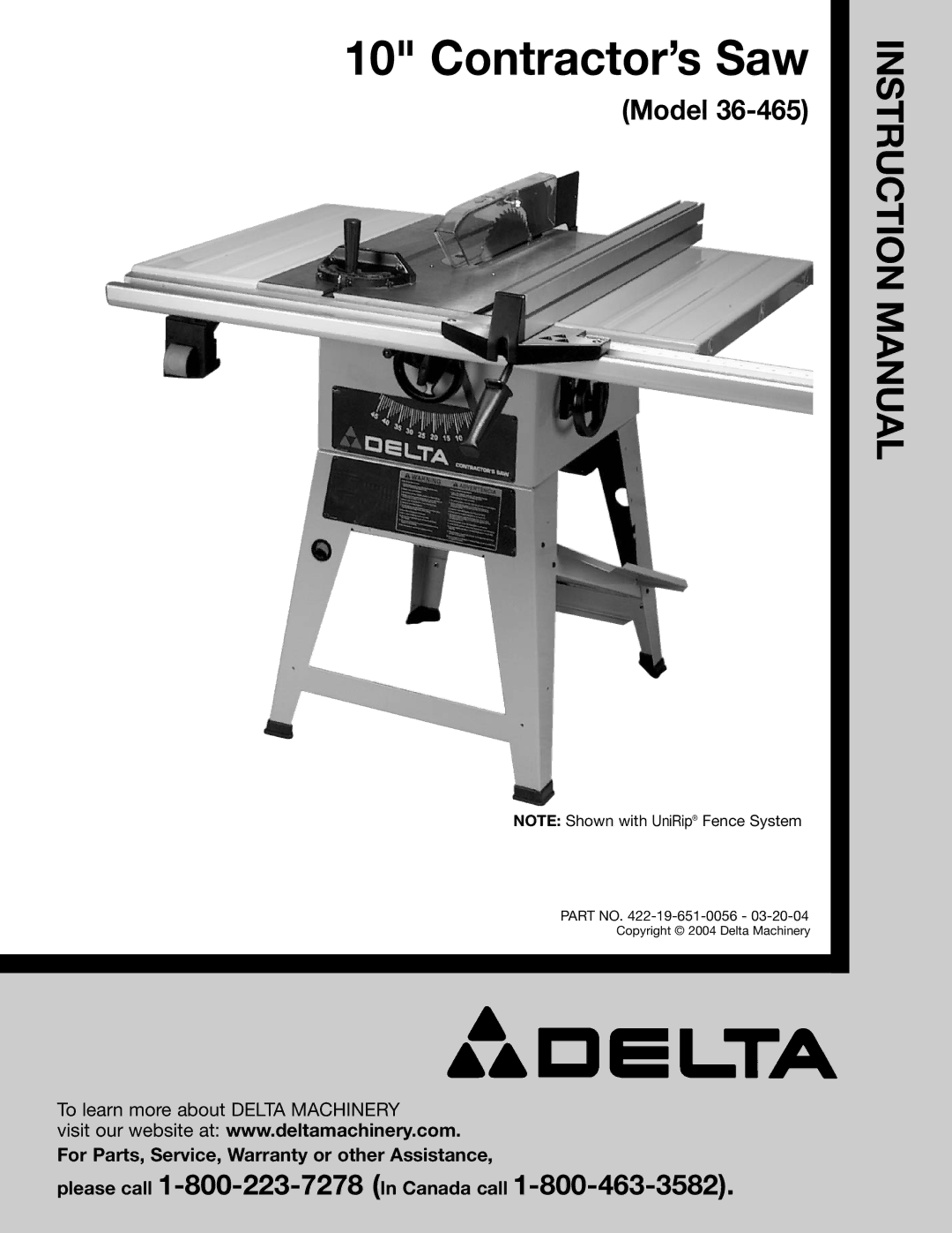 Delta 36-465 instruction manual Contractor’s Saw 