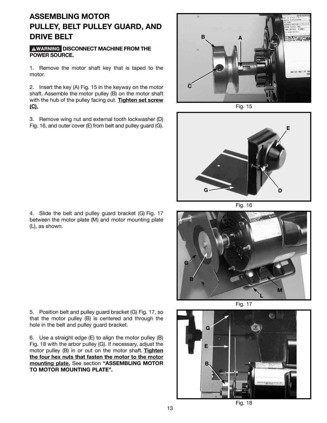 Delta 36-465 instruction manual Assembling Motor PULLEY, Belt Pulley GUARD, and Drive Belt, To Motor Mounting Plate 