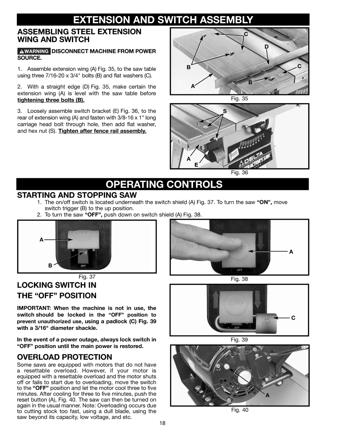 Delta 36-465 instruction manual Extension and Switch Assembly, Operating Controls 