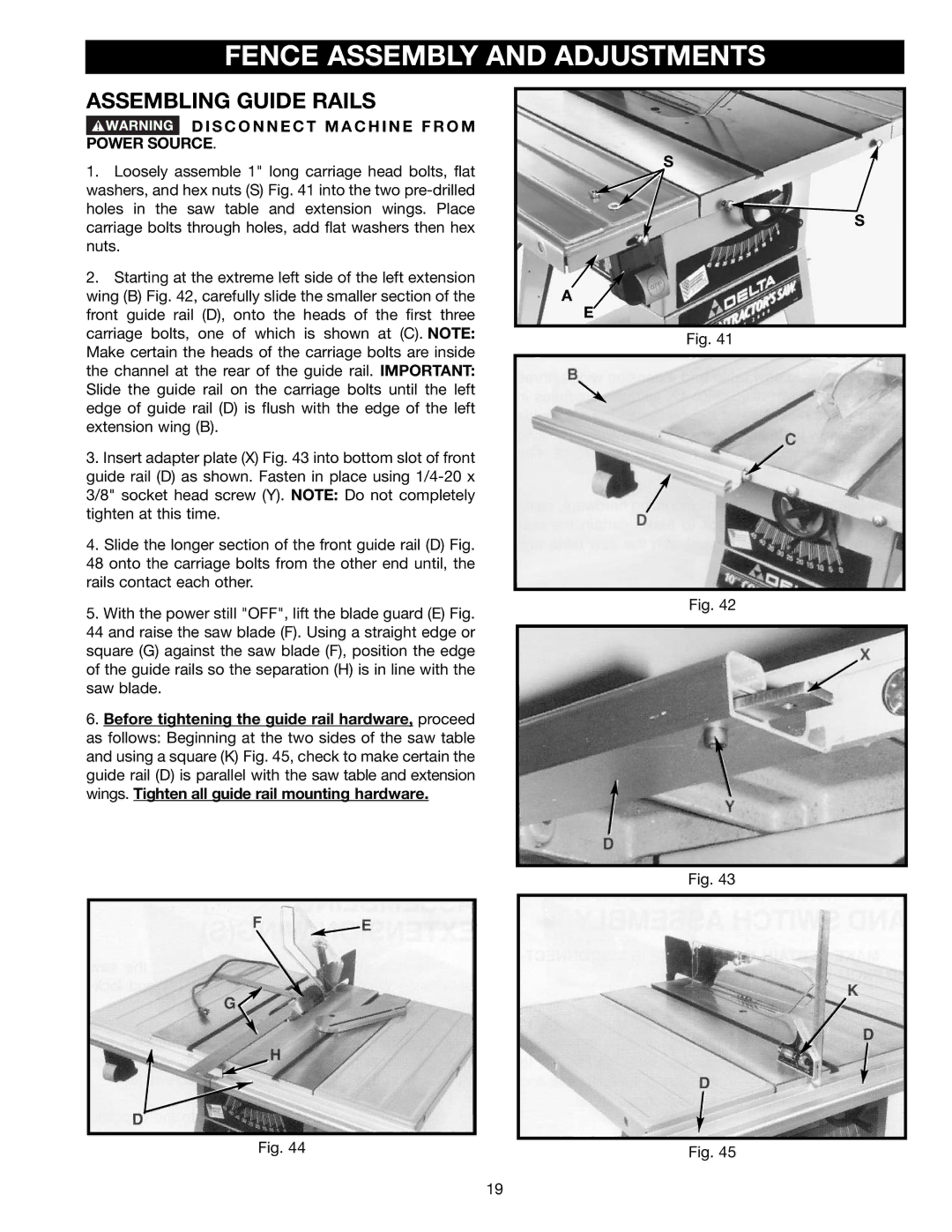 Delta 36-465 Fence Assembly and Adjustments, Assembling Guide Rails, S C O N N E C T M a C H I N E F R O M Power Source 