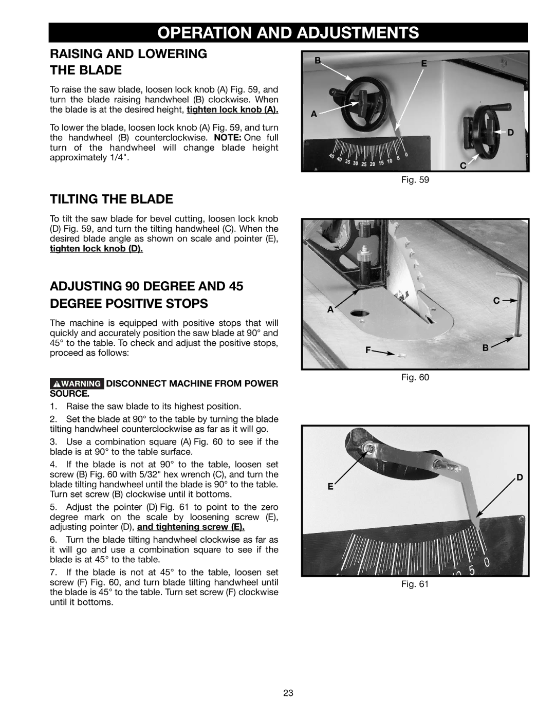 Delta 36-465 instruction manual Operation and Adjustments, Raising and Lowering Blade, Tilting the Blade 