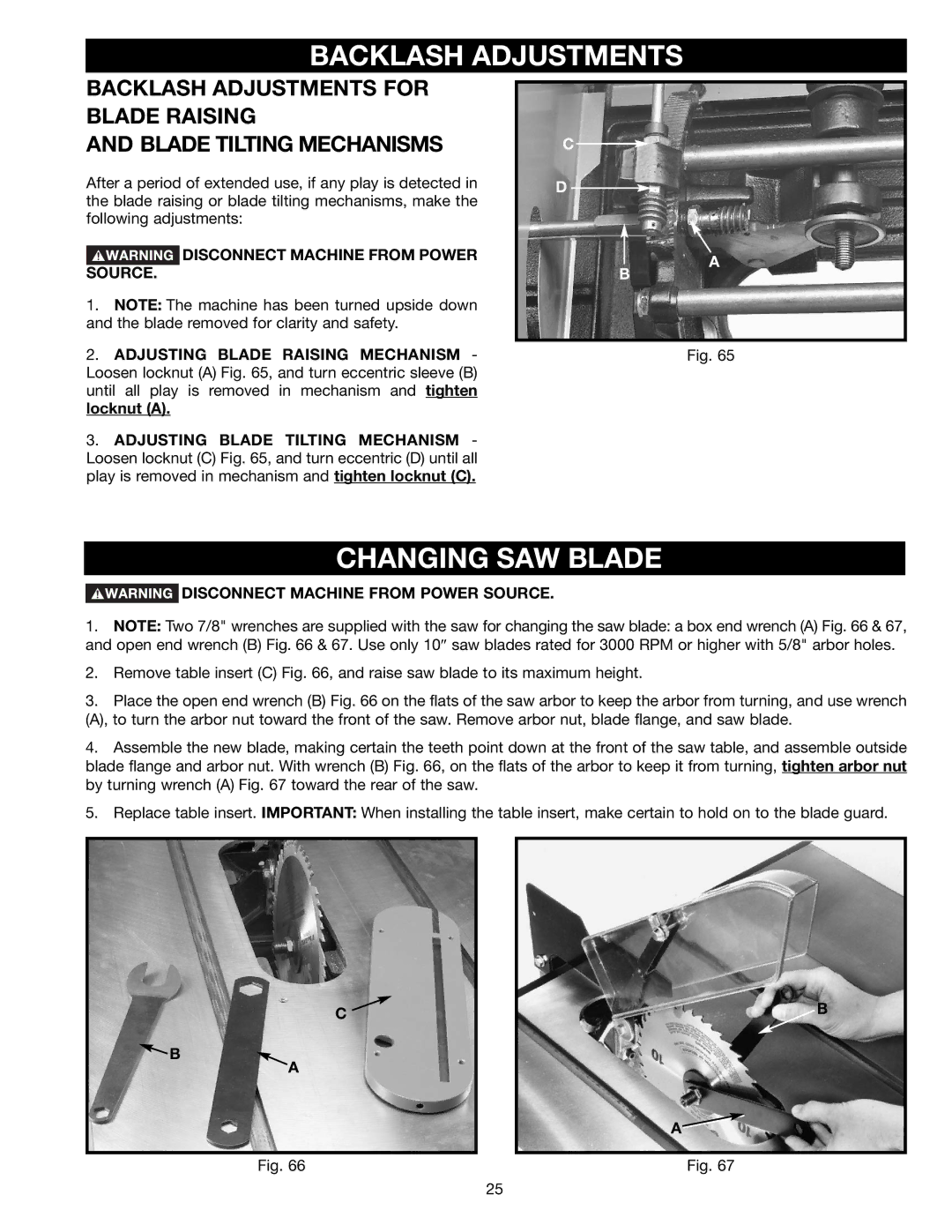 Delta 36-465 instruction manual Backlash Adjustments, Changing SAW Blade, Adjusting Blade Tilting Mechanism 