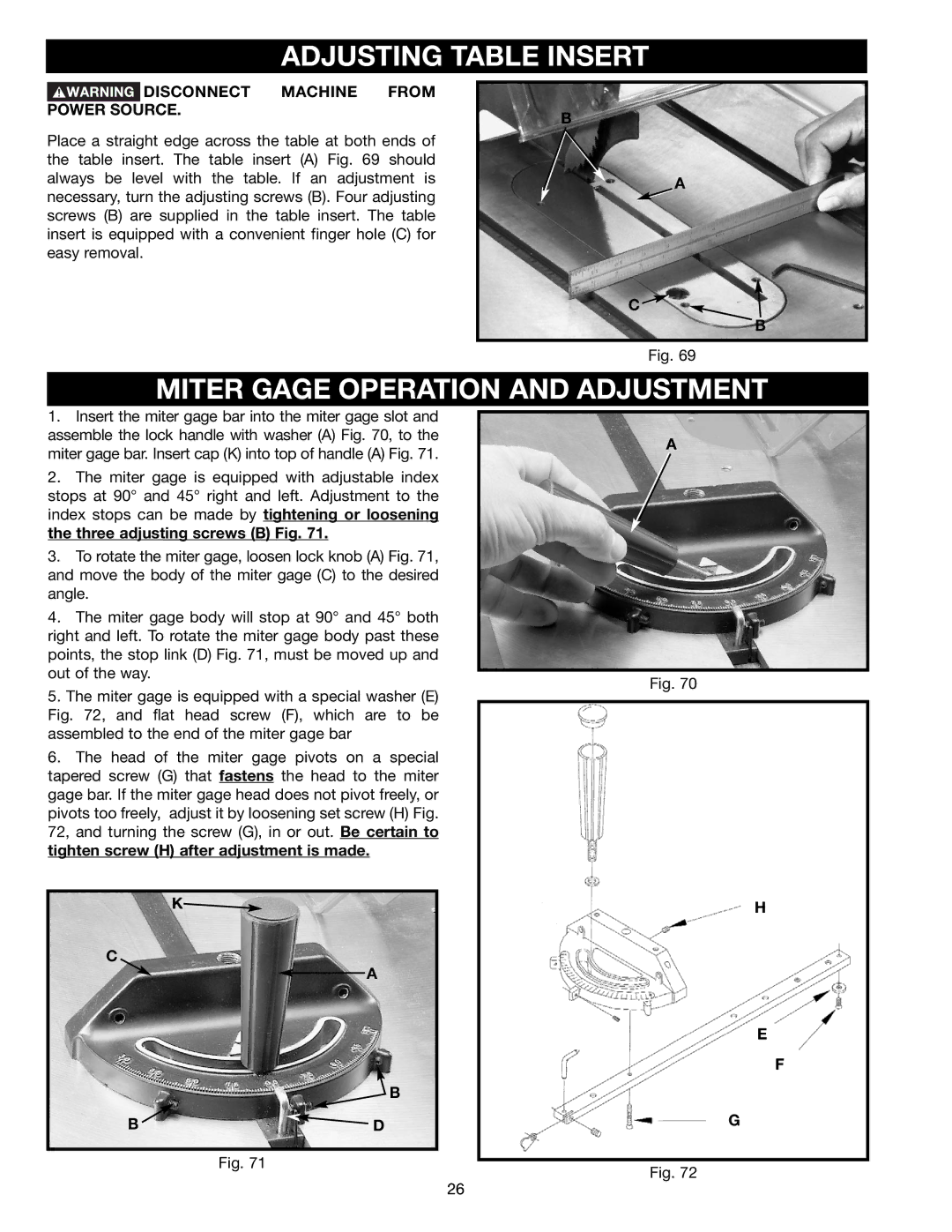 Delta 36-465 instruction manual Adjusting Table Insert, Miter Gage Operation and Adjustment 