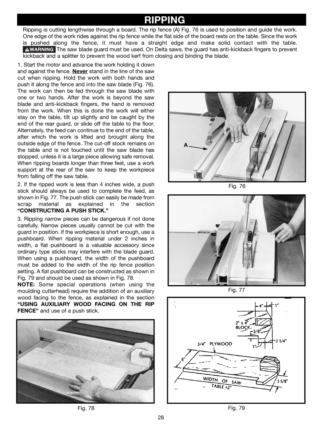 Delta 36-465 instruction manual Ripping, Constructing a Push Stick 