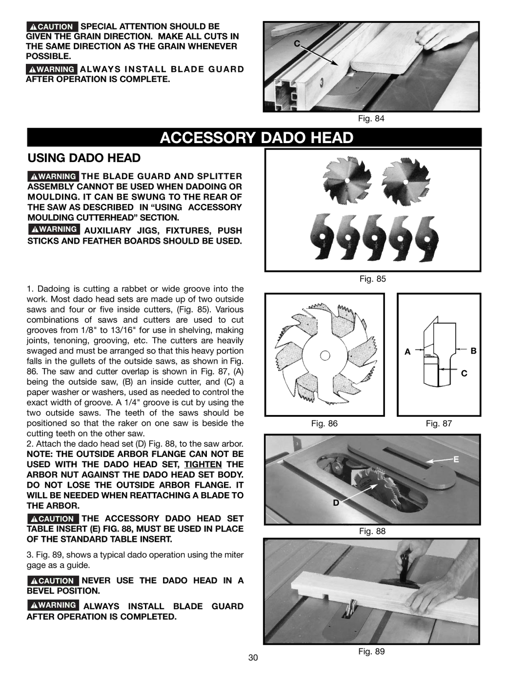 Delta 36-465 instruction manual Accessory Dado Head, Using Dado Head 