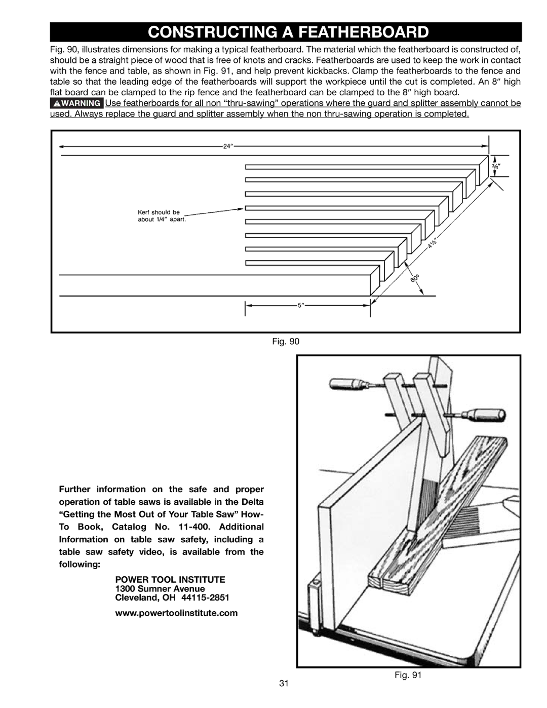 Delta 36-465 instruction manual Constructing a Featherboard, Power Tool Institute 