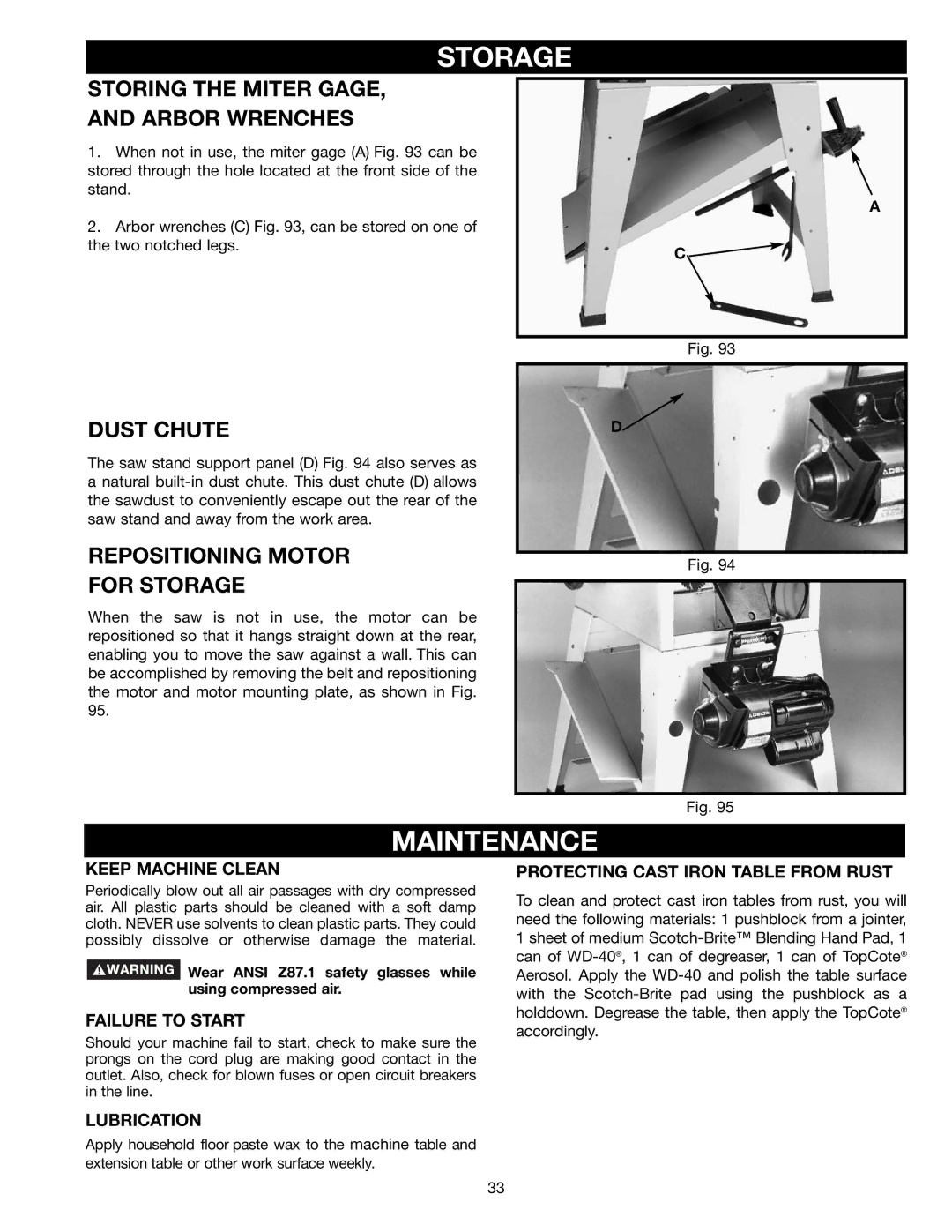 Delta 36-465 instruction manual Maintenance, Dust Chute, Repositioning Motor For Storage 