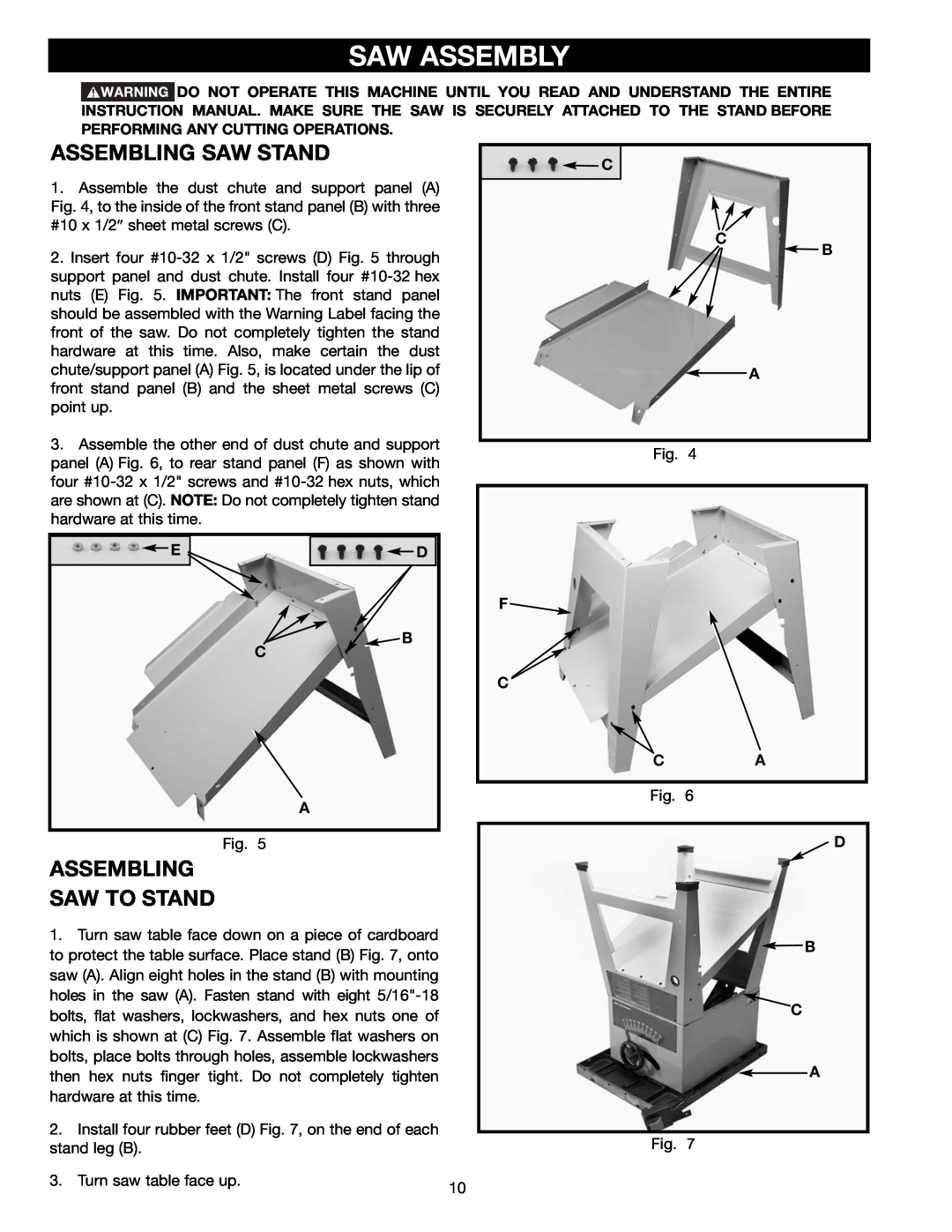 Delta 36-465 instruction manual Saw Assembly, Assembling Saw Stand, Assembling Saw To Stand, C C B A, F C Ca, D B C A 
