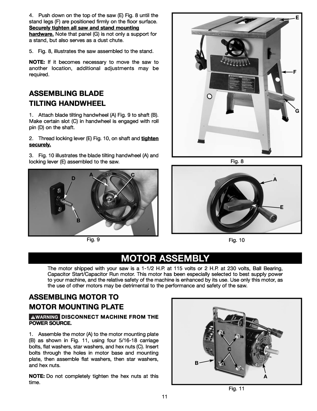 Delta 36-465 Motor Assembly, Assembling Blade Tilting Handwheel, Assembling Motor To Motor Mounting Plate, E F G, C B A 