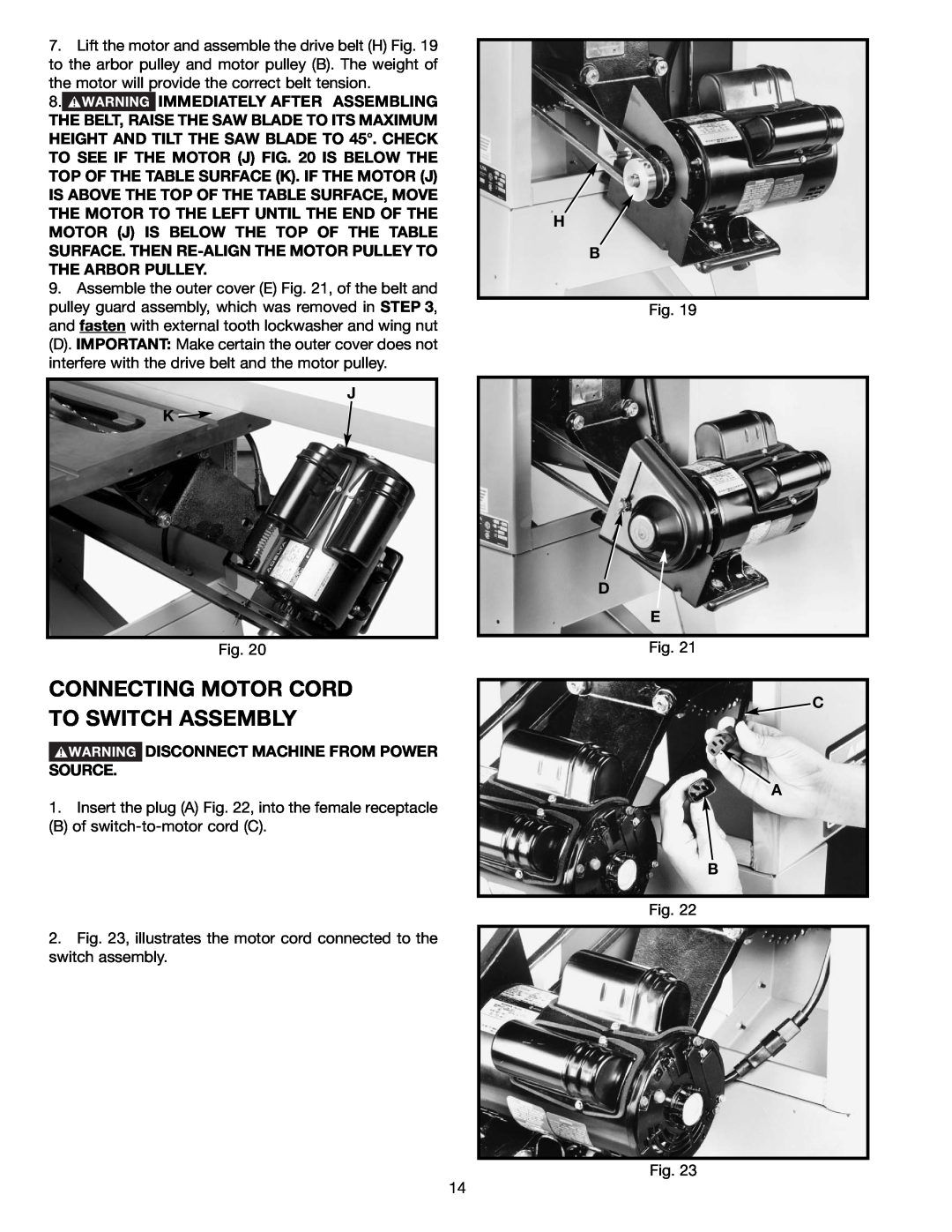 Delta 36-465 instruction manual Connecting Motor Cord To Switch Assembly, C A B, Disconnect Machine From Power Source 