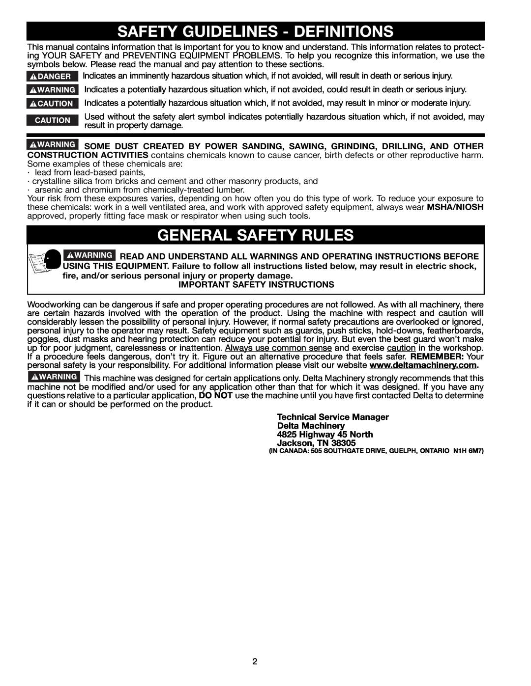 Delta 36-465 Safety Guidelines - Definitions, General Safety Rules, Important Safety Instructions, Jackson, TN 