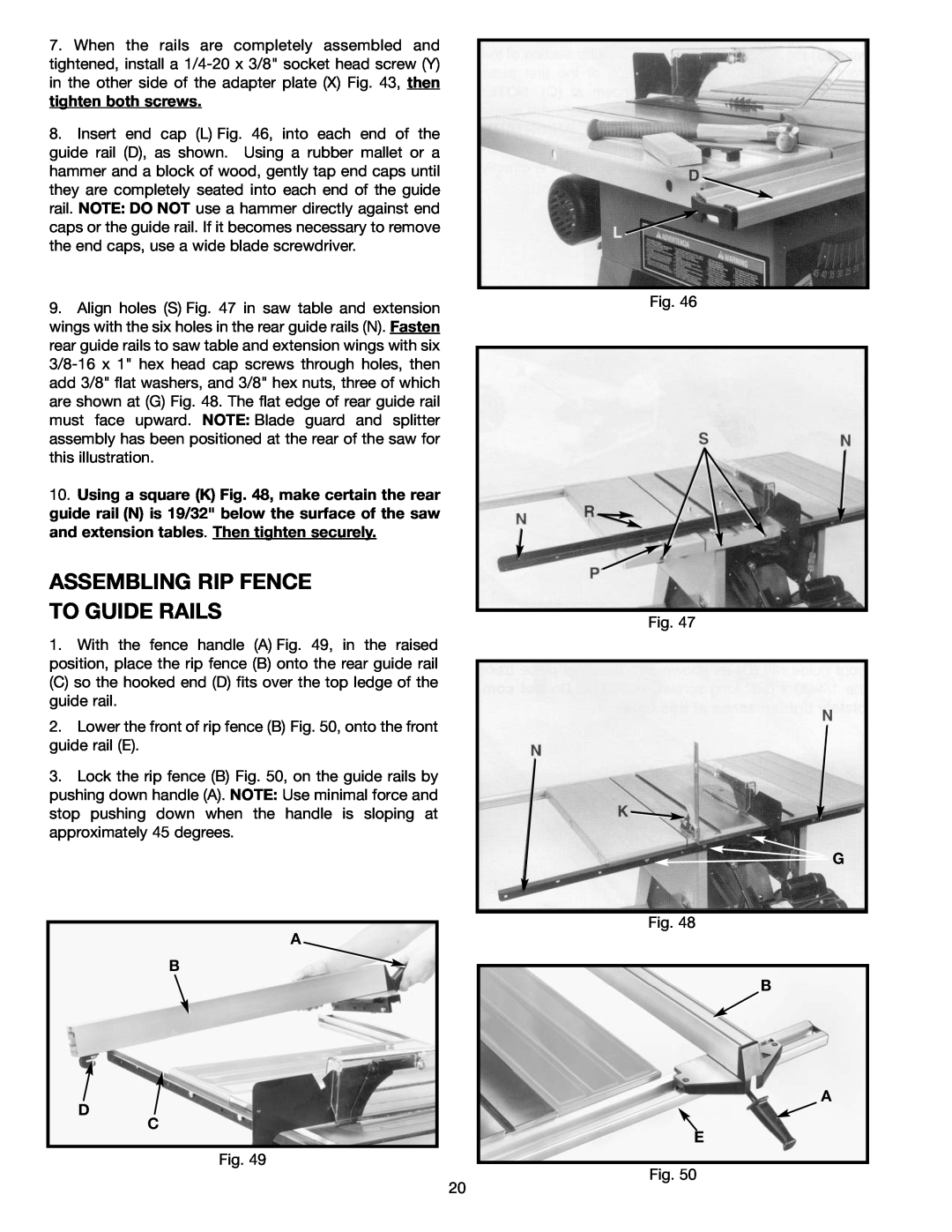 Delta 36-465 instruction manual Assembling Rip Fence To Guide Rails, B A E 