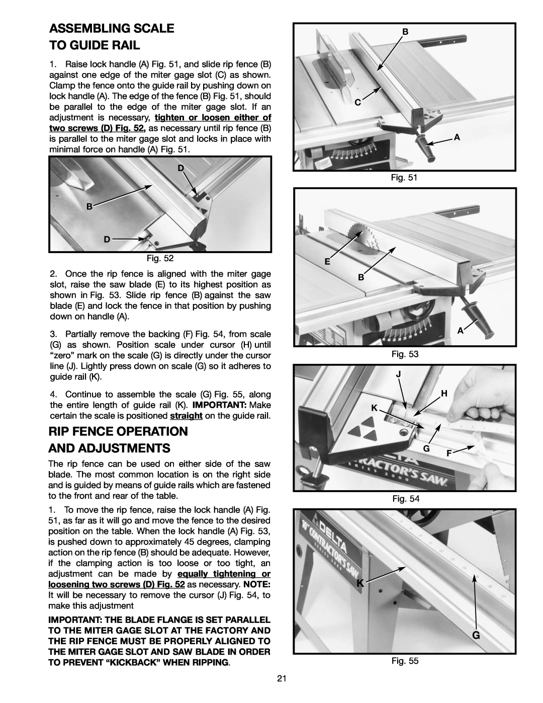 Delta 36-465 Assembling Scale To Guide Rail, Rip Fence Operation And Adjustments, D B D, B C A, E B A, J H K G F 