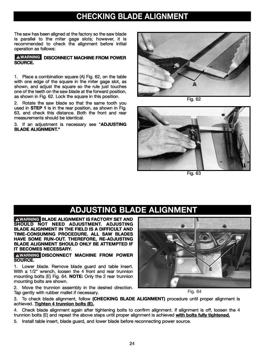 Delta 36-465 Checking Blade Alignment, Adjusting Blade Alignment, Blade Alignment.”, Disconnect Machine From Power Source 