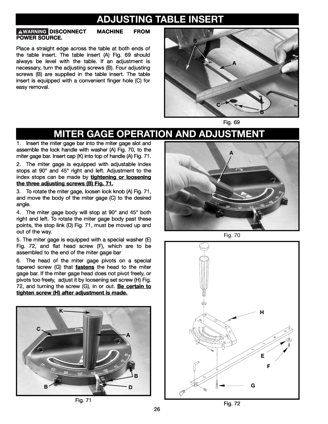 Delta 36-465 instruction manual Adjusting Table Insert, Miter Gage Operation And Adjustment, B A C B, K C A B Bd, H E F G 