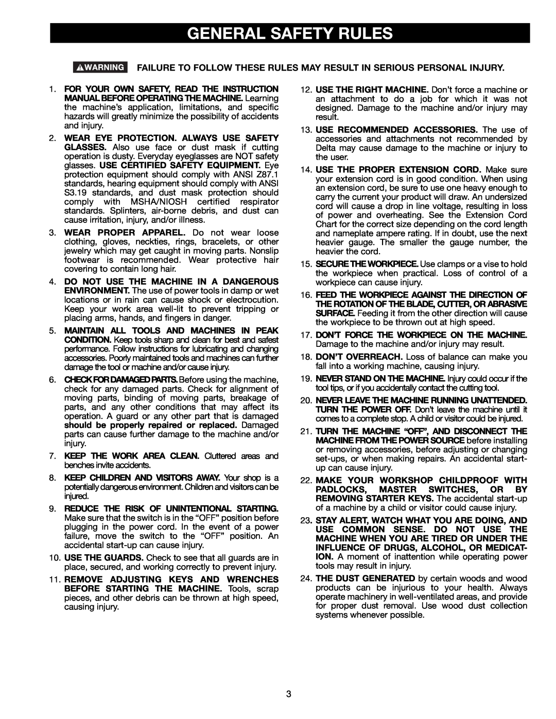 Delta 36-465 instruction manual Failure To Follow These Rules May Result In Serious Personal Injury, General Safety Rules 