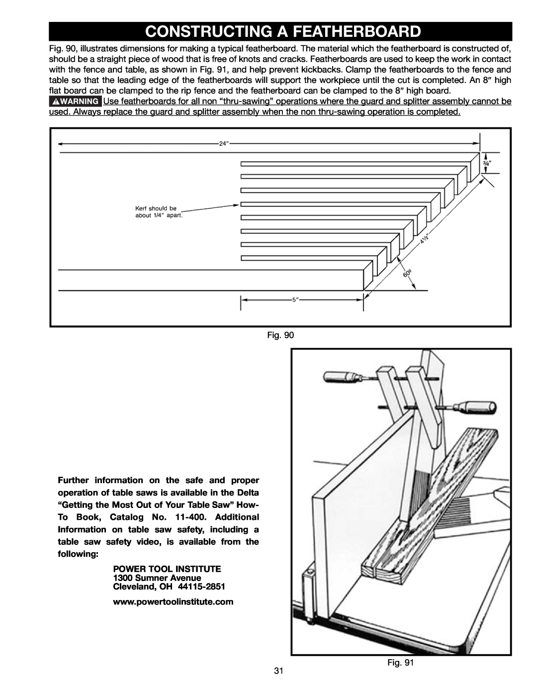 Delta 36-465 instruction manual Constructing A Featherboard, POWER TOOL INSTITUTE 1300 Sumner Avenue Cleveland, OH 