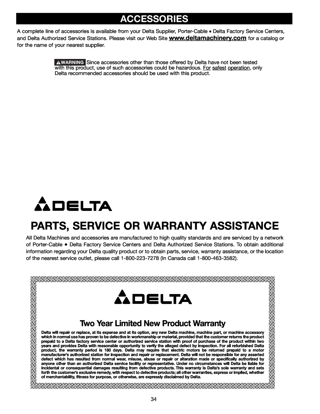 Delta 36-465 instruction manual Accessories, Parts, Service Or Warranty Assistance, Two Year Limited New Product Warranty 