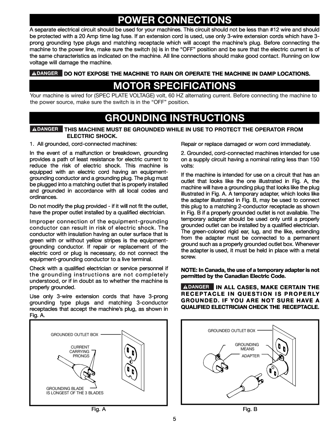 Delta 36-465 instruction manual Power Connections, Motor Specifications, Grounding Instructions 