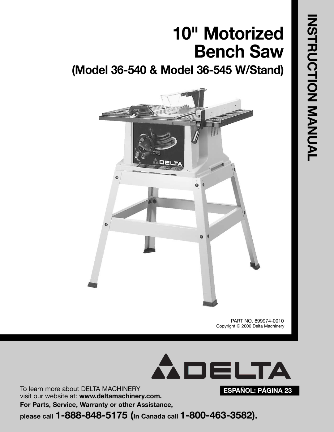 Delta 36-540, 36-545 instruction manual Motorized Bench Saw 