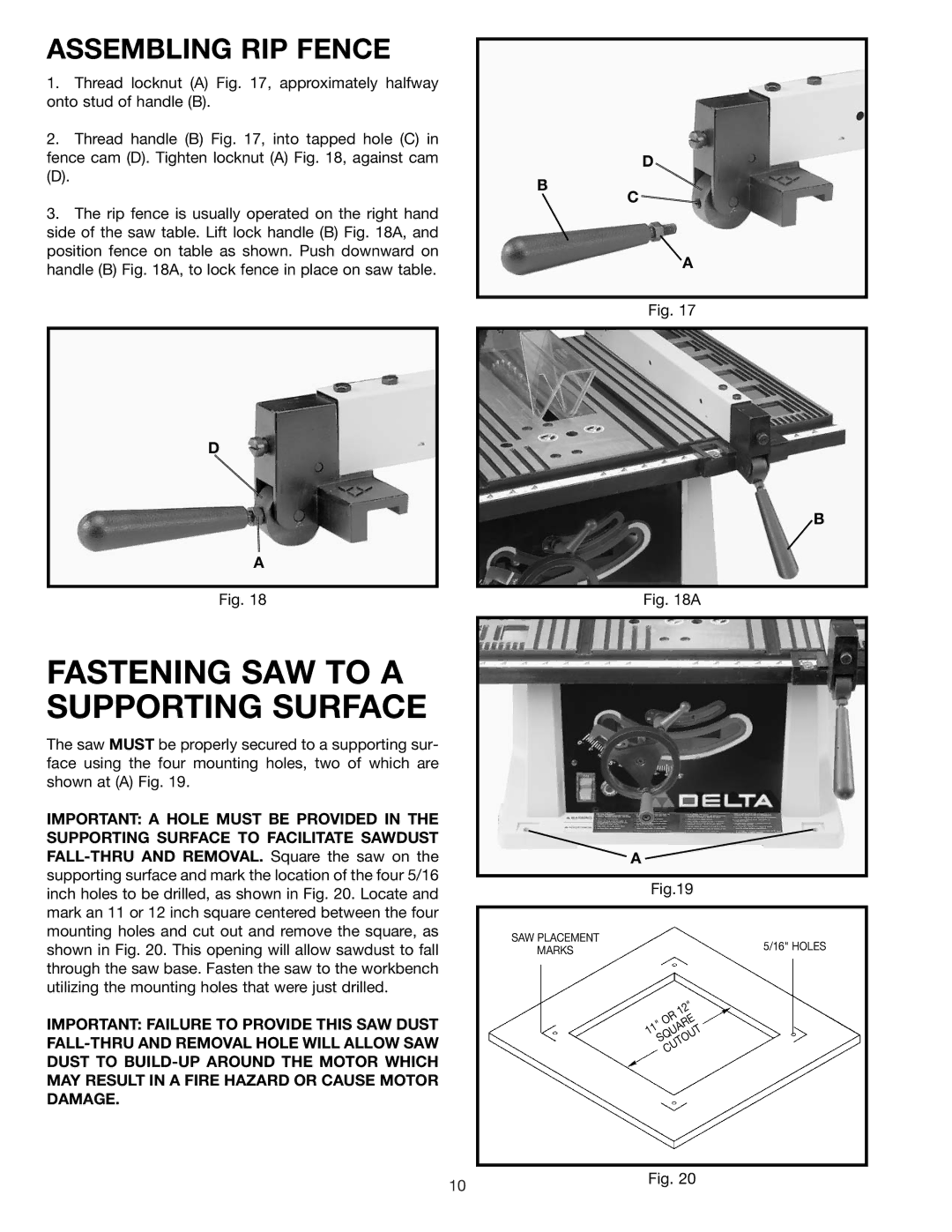 Delta 36-545, 36-540 instruction manual Fastening SAW to a Supporting Surface, Assembling RIP Fence 