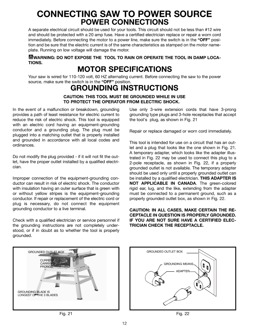 Delta 36-545, 36-540 Connecting SAW to Power Source, Power Connections, Motor Specifications, Grounding Instructions 