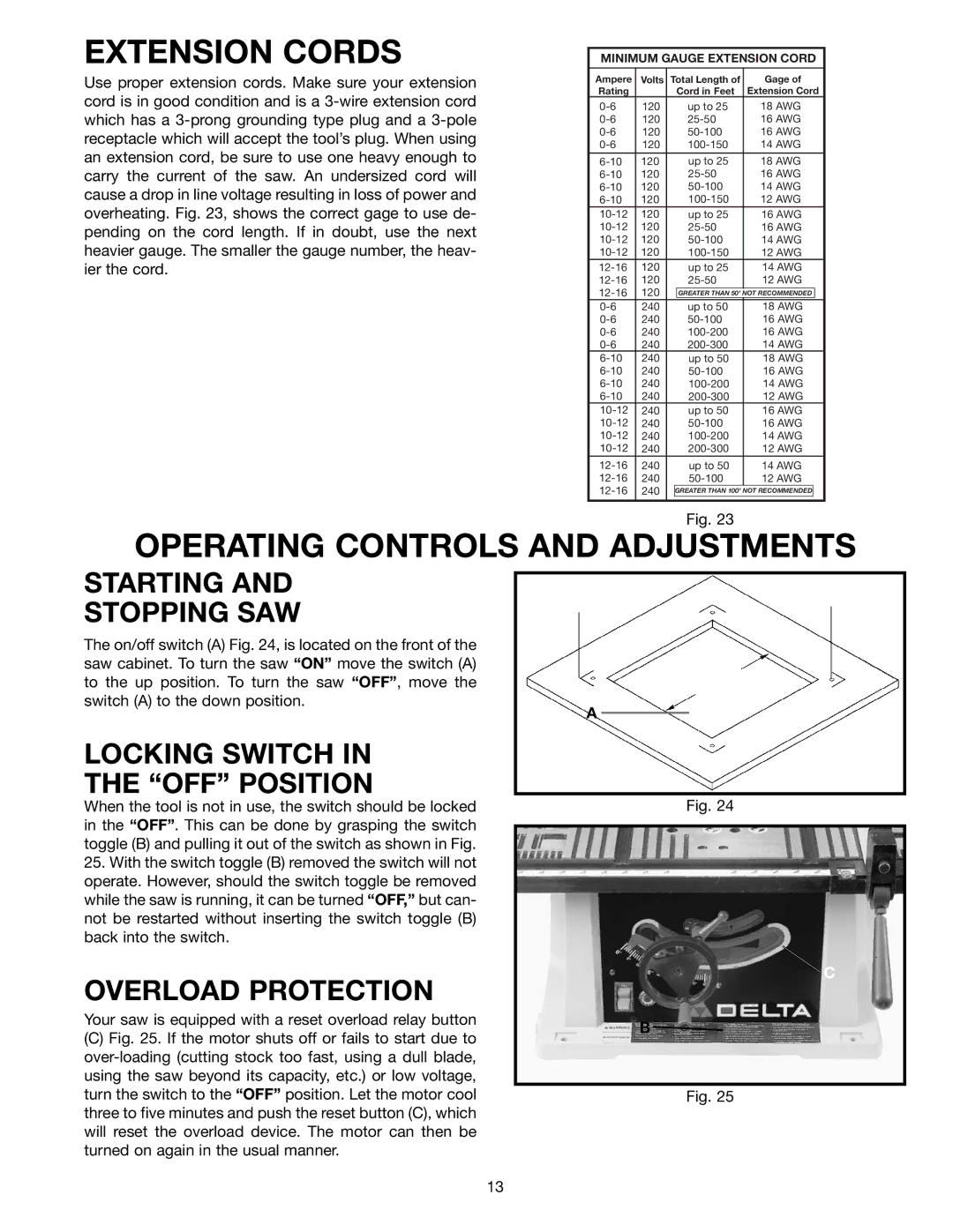 Delta 36-540 Extension Cords, Operating Controls and Adjustments, Starting Stopping SAW, Locking Switch OFF Position 