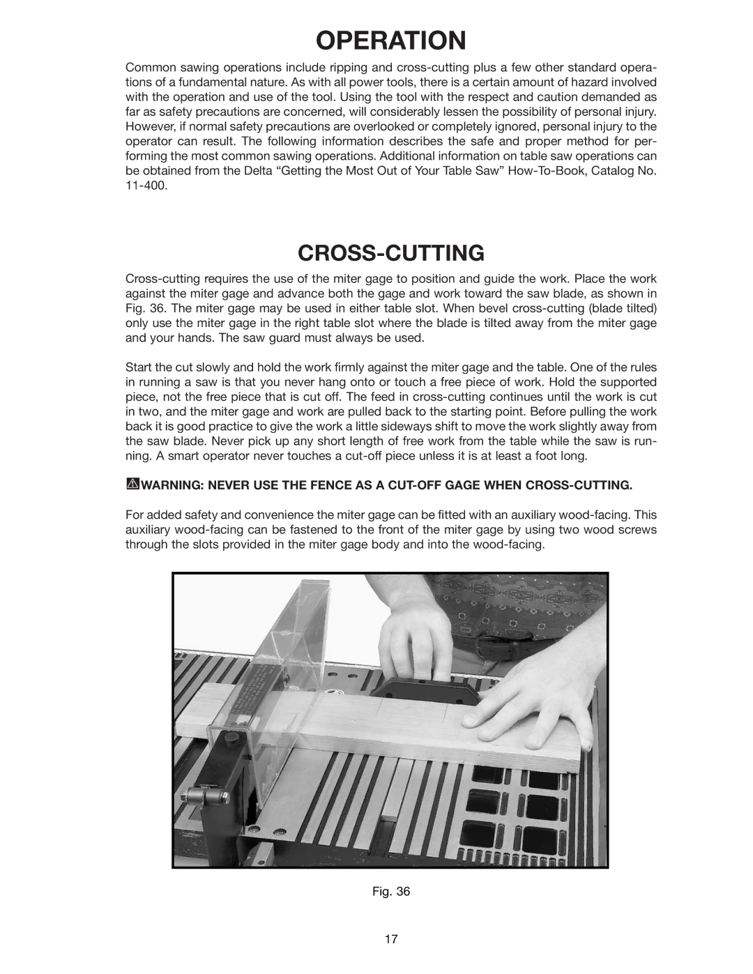 Delta 36-540, 36-545 instruction manual Operation, Cross-Cutting 